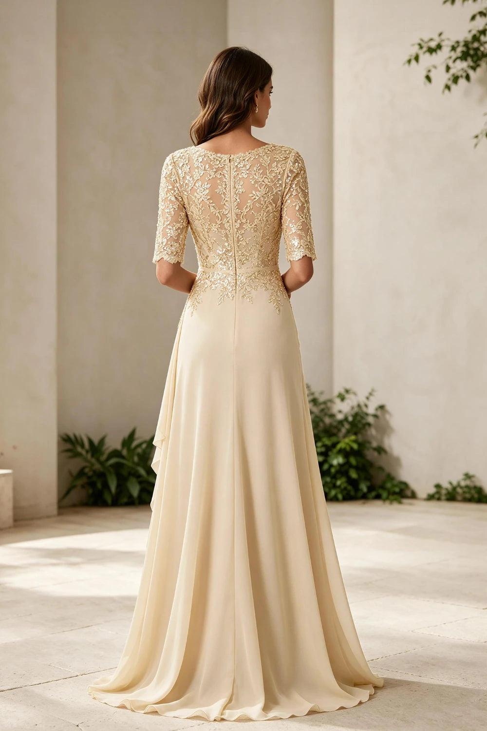 Champagne Lace Bodice Three-Quarter Sleeve Draped Side Chiffon Floor-Length Dress
