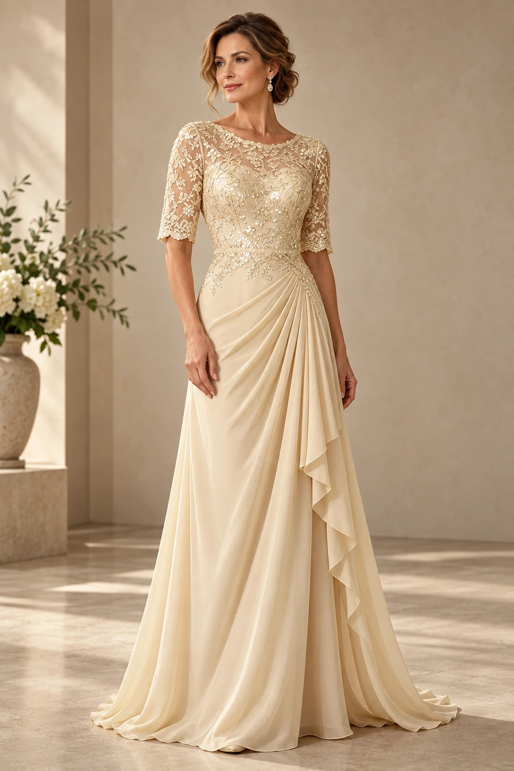 Lace Bodice Three-Quarter Sleeve Draped Side Chiffon Floor-Length Dress