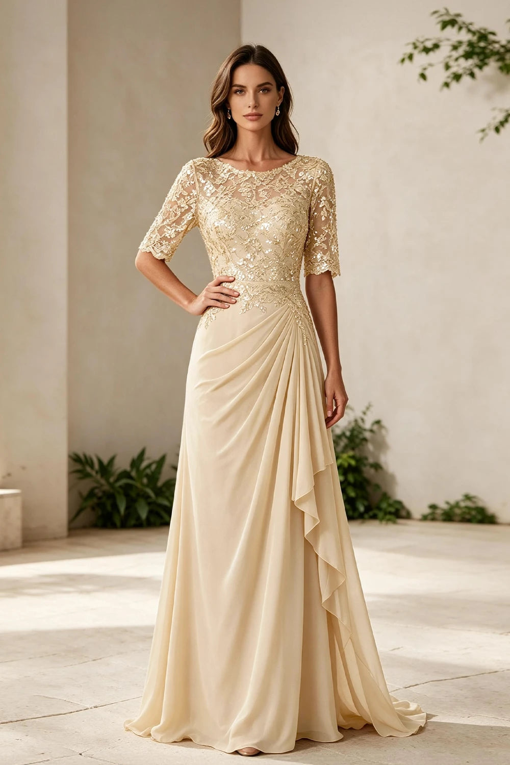Champagne Lace Bodice Three-Quarter Sleeve Draped Side Chiffon Floor-Length Dress