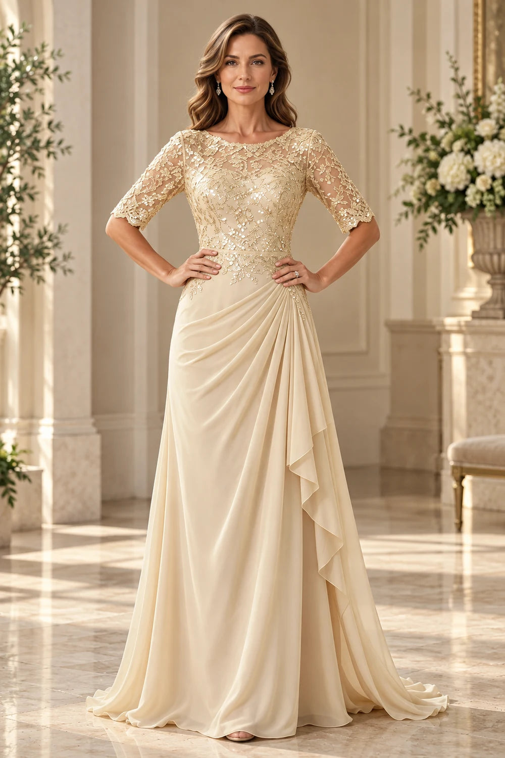 Lace Bodice Three-Quarter Sleeve Draped Side Chiffon Floor-Length Dress