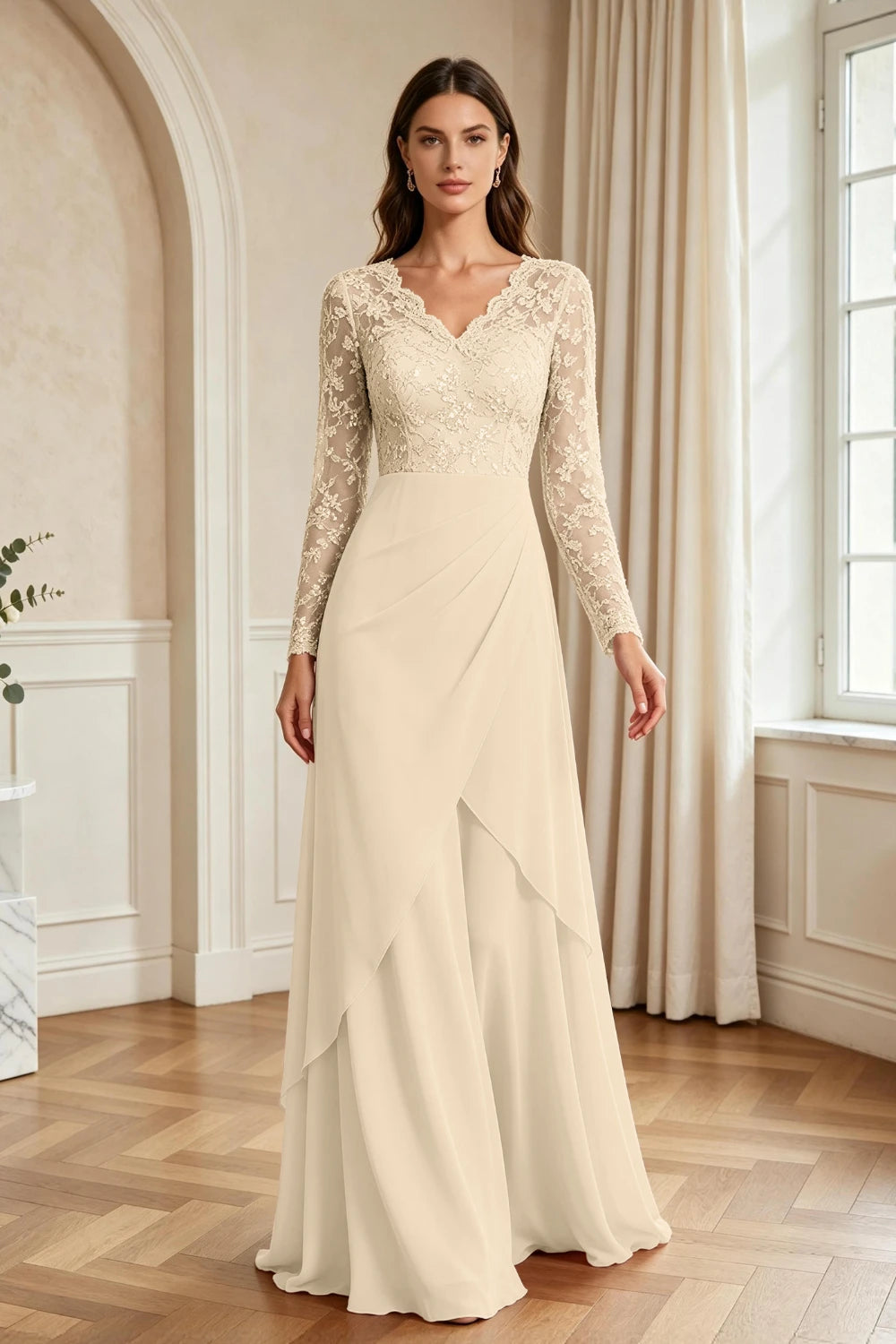 Mauve Lace Long-Sleeve Draped Ruffle Chiffon Floor-Length Dress