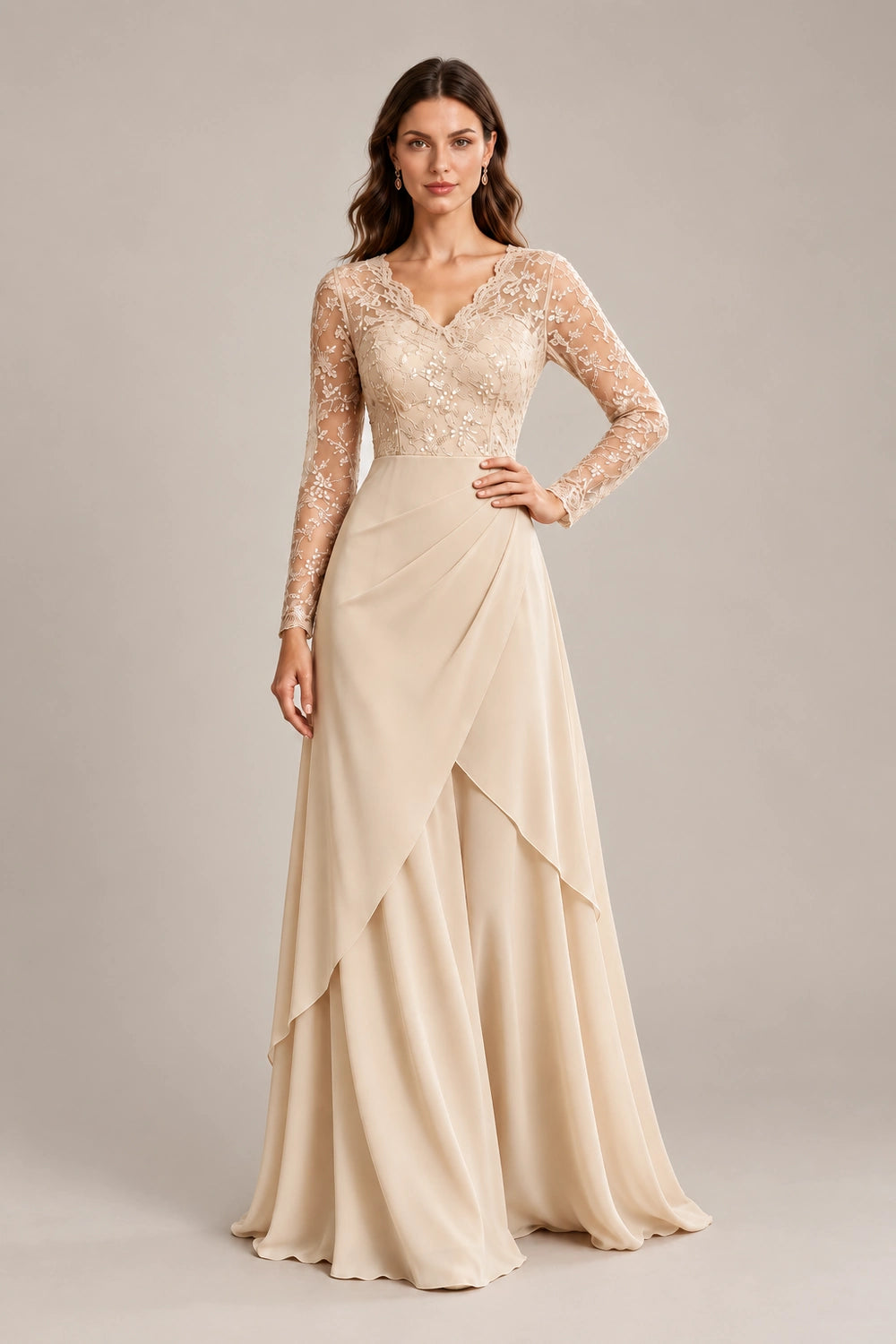 Lace Long-Sleeve Draped Ruffle Chiffon Floor-Length Dress