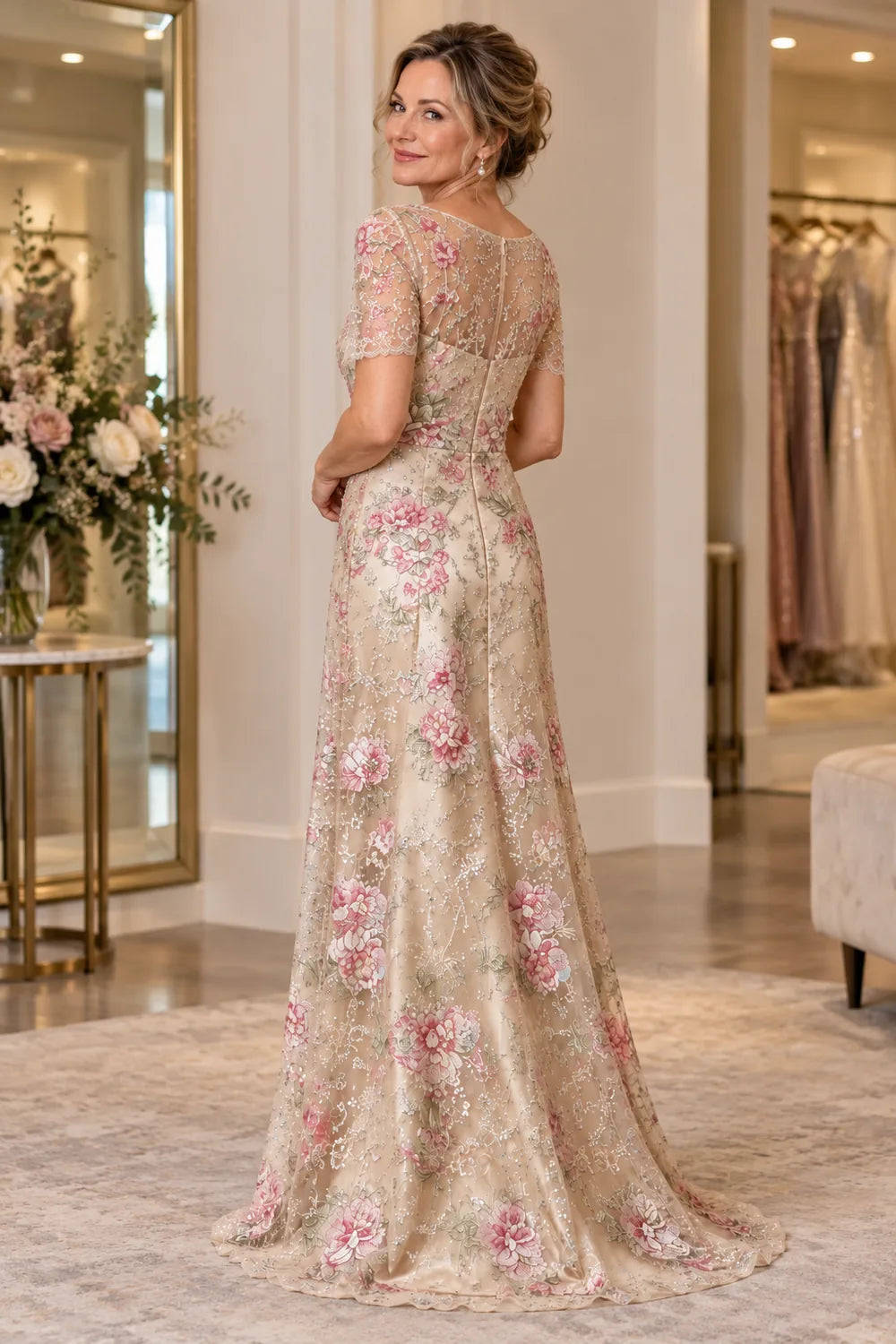 Champagne Floral Split Overlay Mother of the Bride Gown