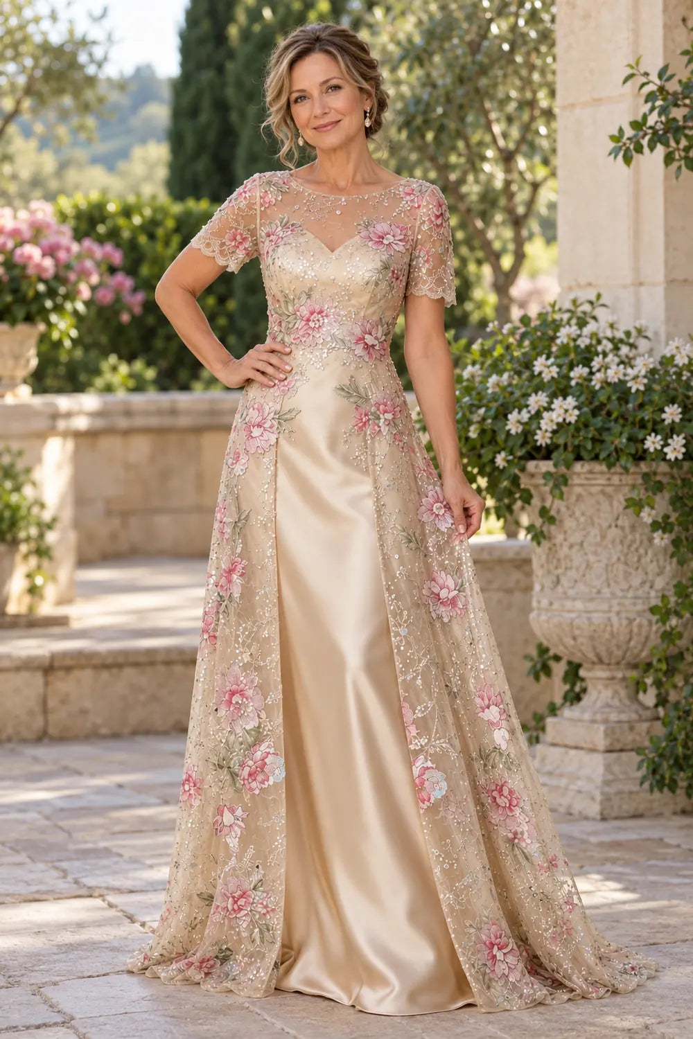Champagne Floral Split Overlay Mother of the Bride Gown