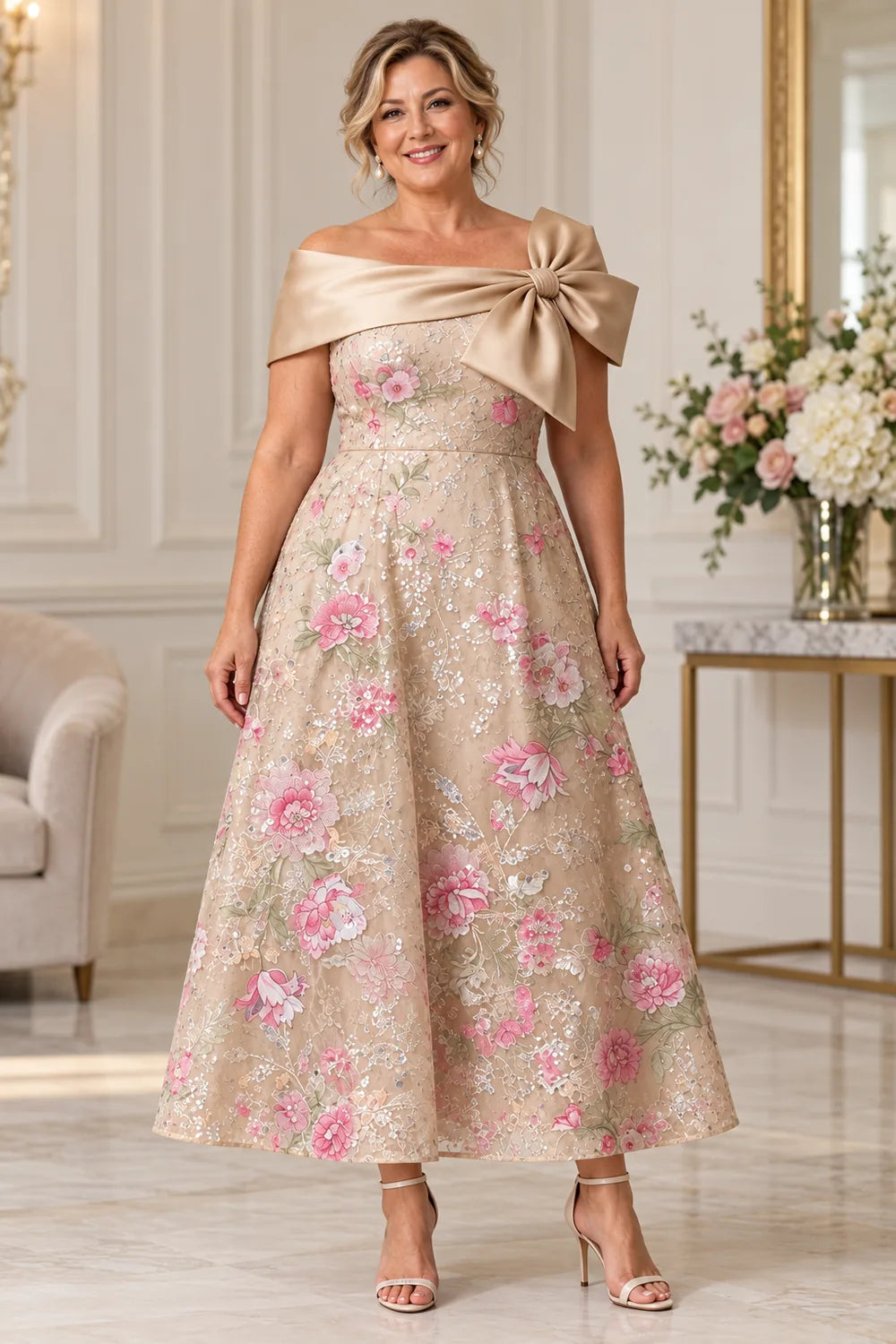 Champagne Gold Floral Shoulder Bow Mother of the Bride Dress