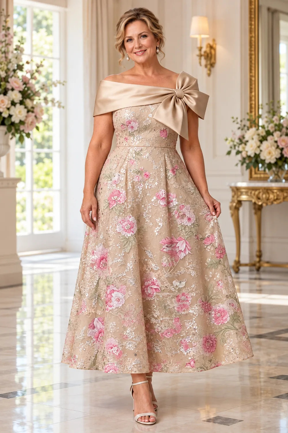 Champagne Gold Floral Shoulder Bow Mother of the Bride Dress