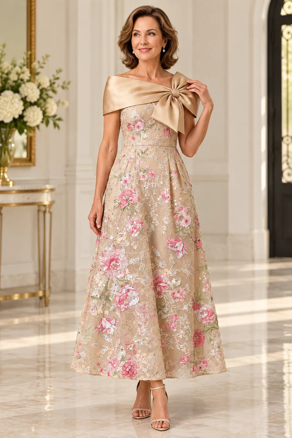 Champagne Gold Floral Shoulder Bow Mother of the Bride Dress