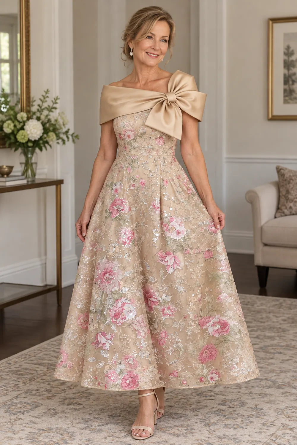 Champagne Gold Floral Shoulder Bow Mother of the Bride Dress
