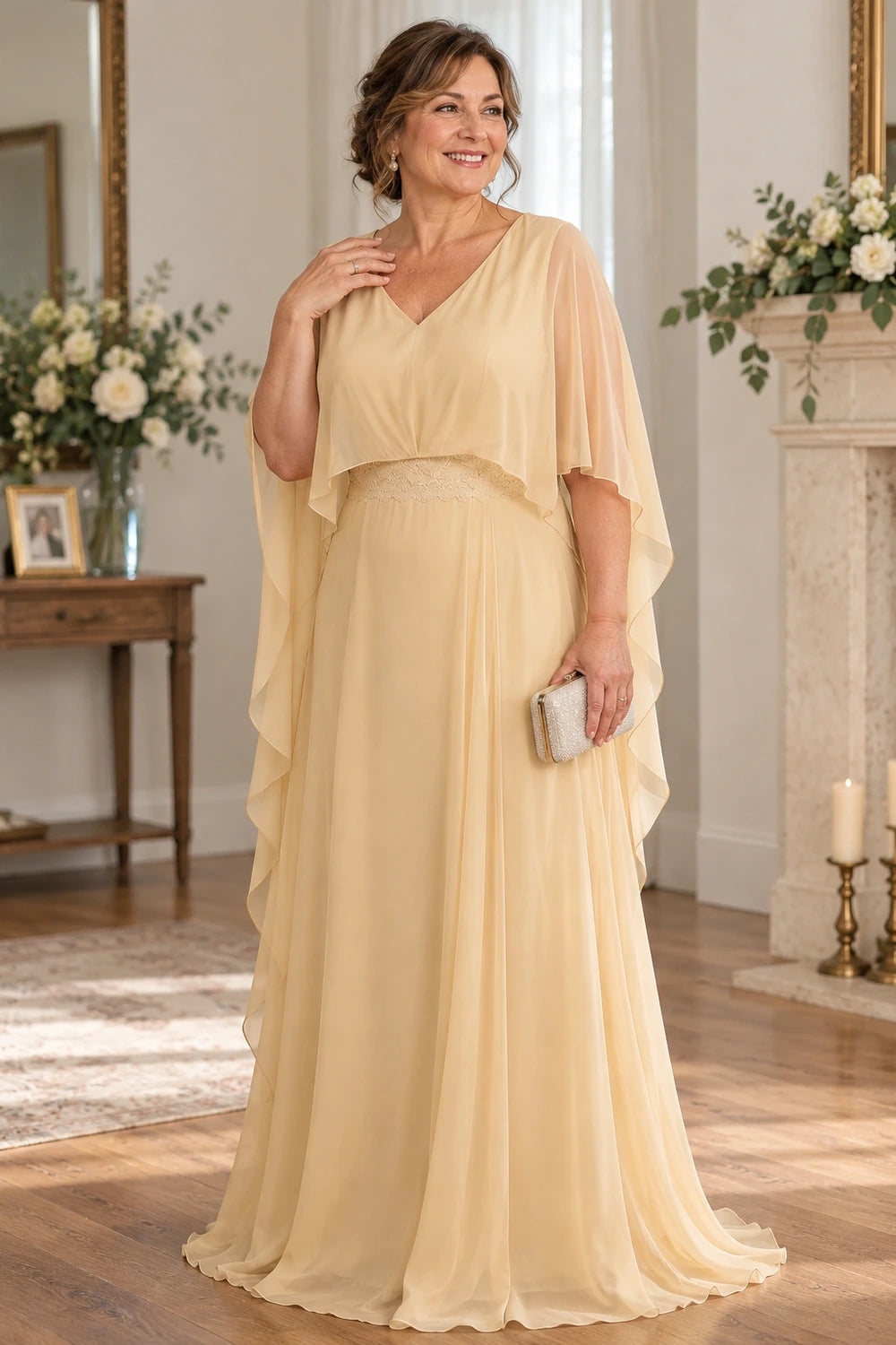 Champagne Gold Long Cape Mother of the Bride Gown