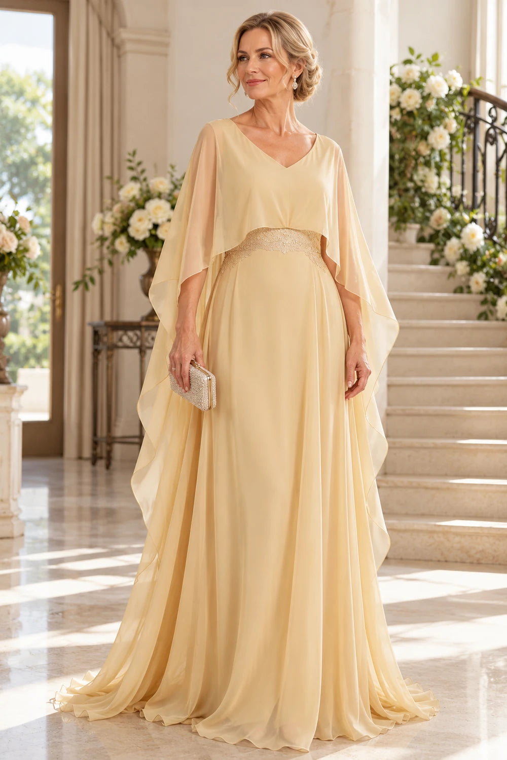 Champagne Gold Long Cape Mother of the Bride Gown