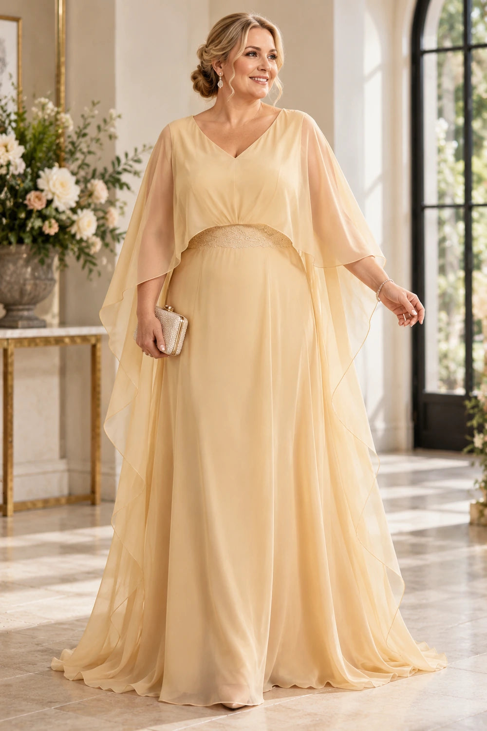 Champagne Gold Long Cape Mother of the Bride Gown