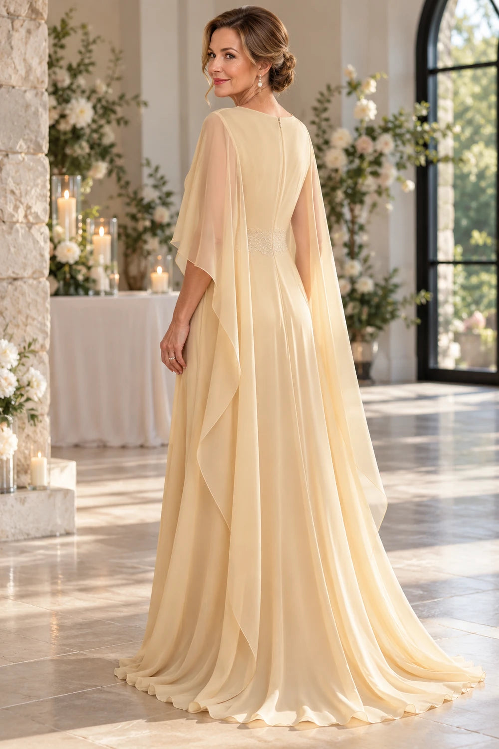 Champagne Gold Long Cape Mother of the Bride Gown