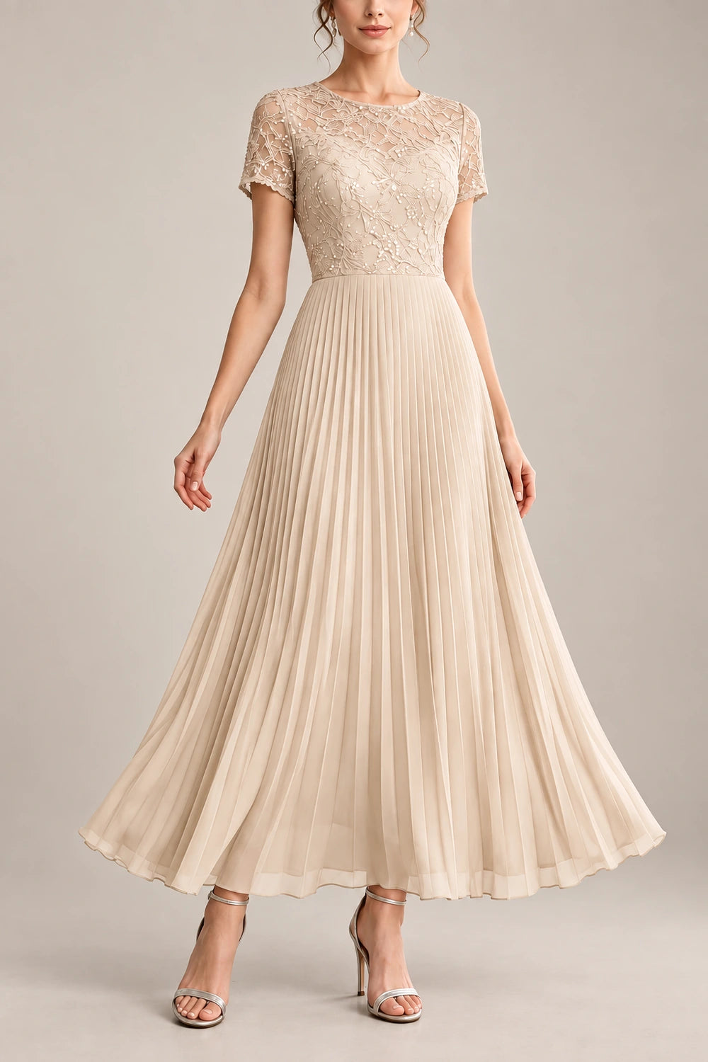 Lace Short Sleeve Pleated Chiffon Tea-Length Dress