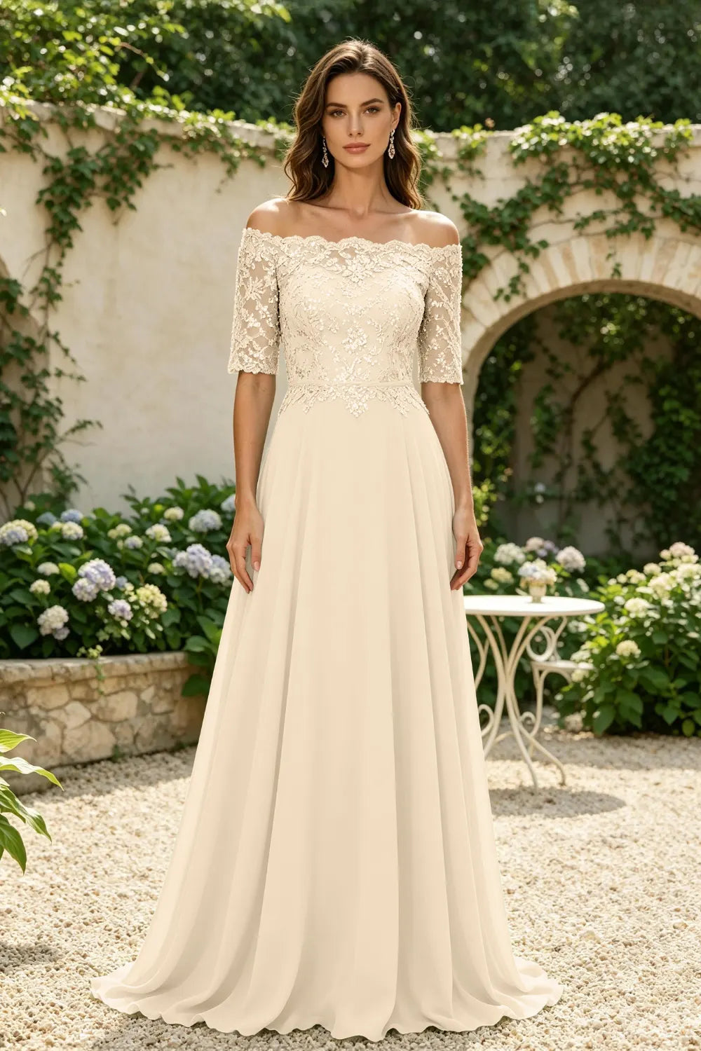 Sage Green Off-Shoulder Lace Bodice A-Line Chiffon Floor-Length Dress