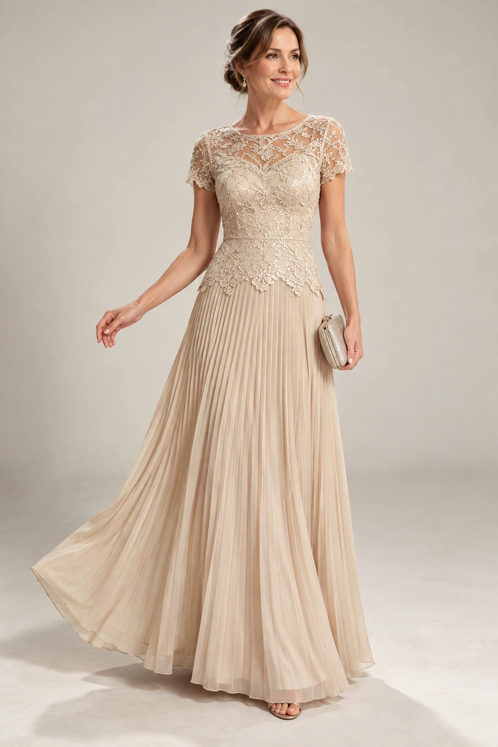 Lace Short Sleeve Pleated Chiffon Floor-Length Dress
