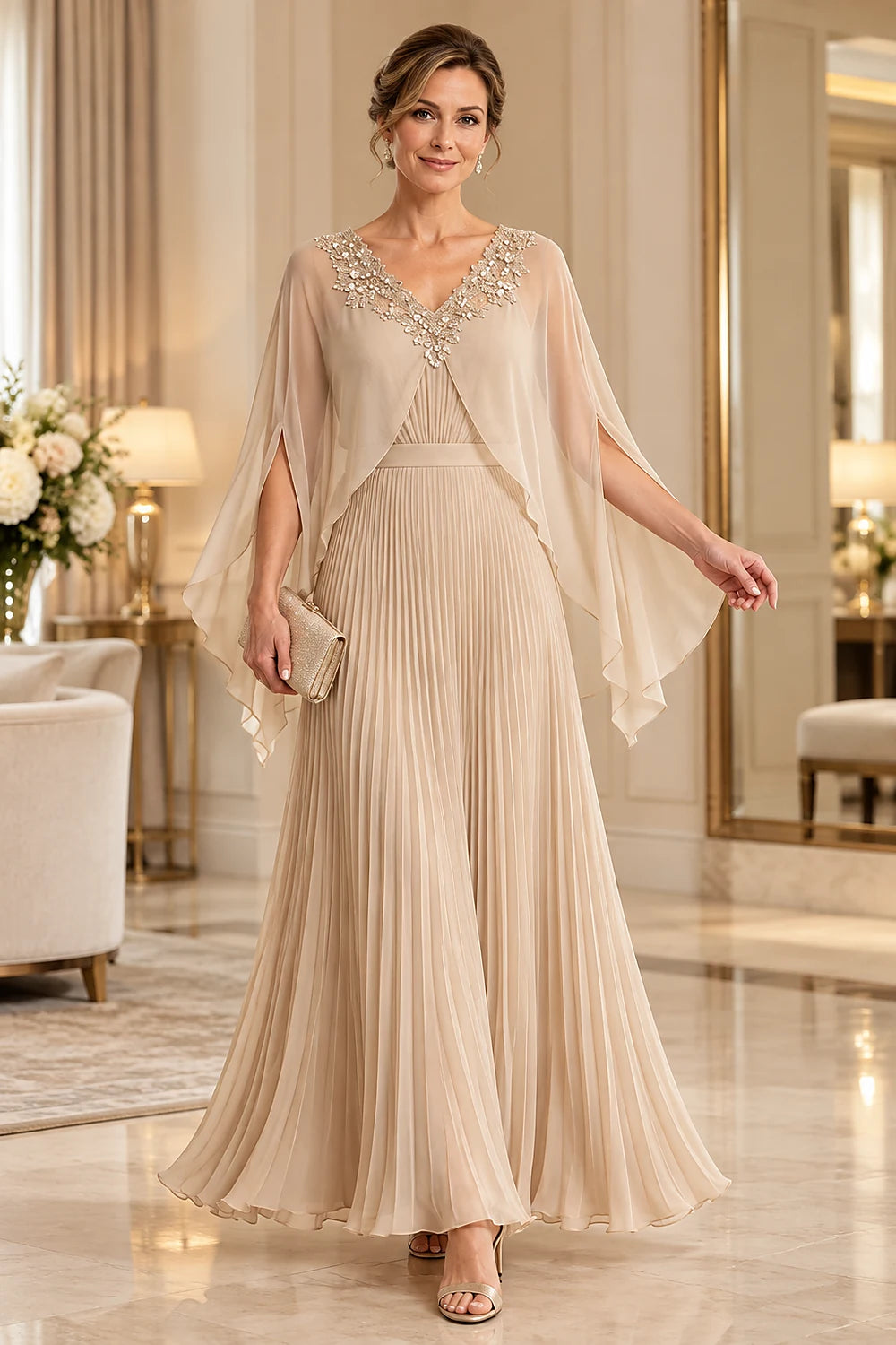 Pleated Cape Sleeve Chiffon Mother of the Bride Dress