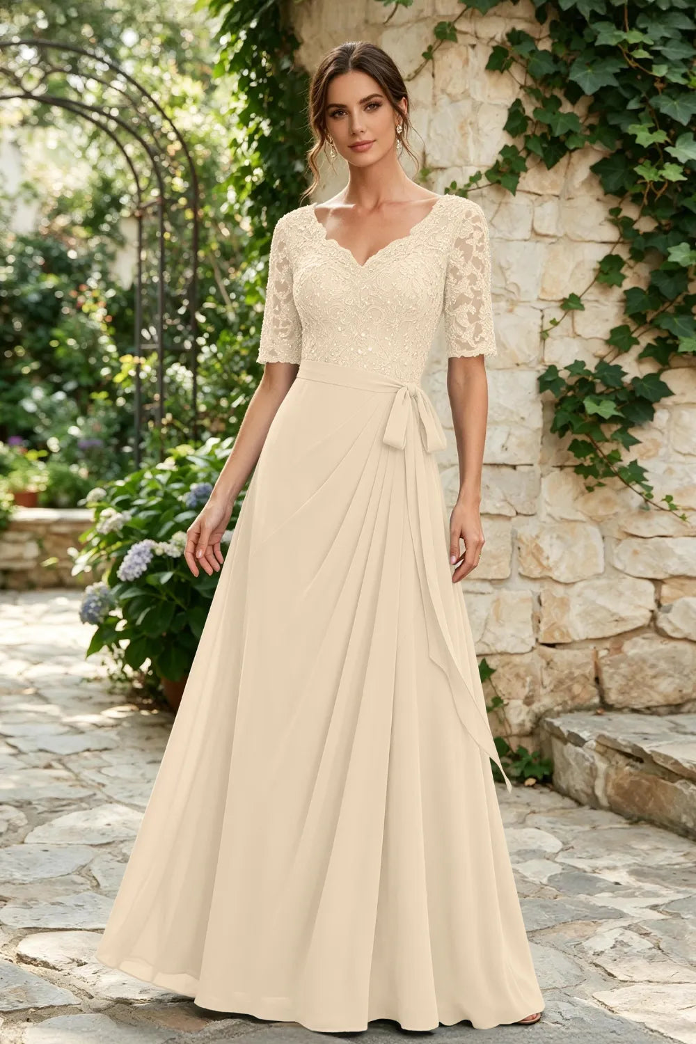 Dusty Blue Lace Elbow-Sleeve Sash Chiffon Floor-Length Dress