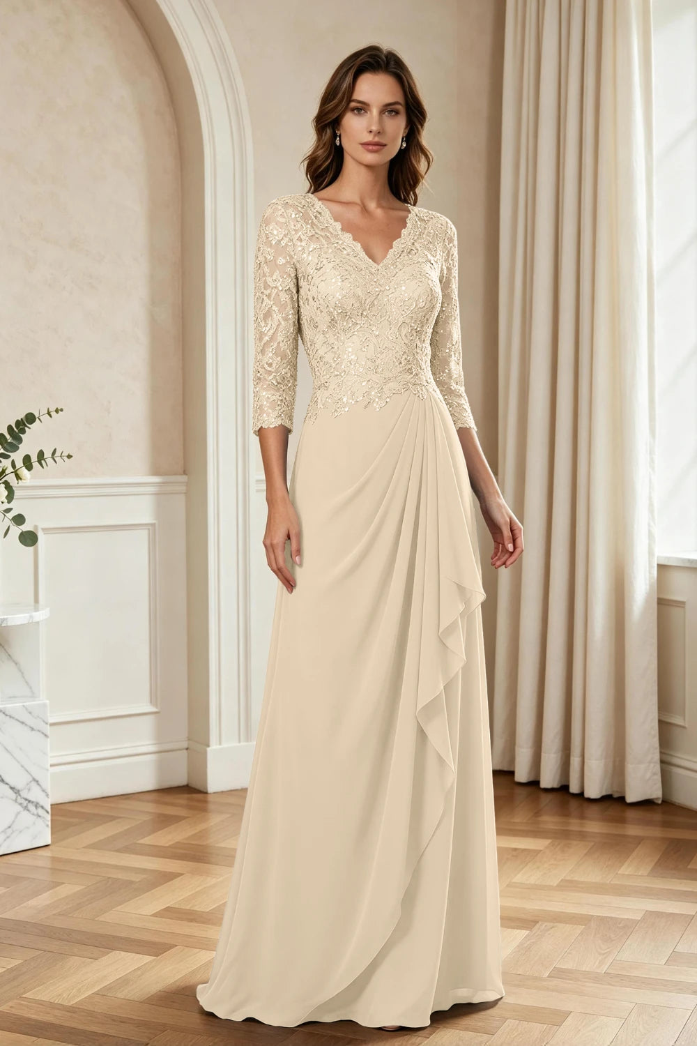 Dusty Blue Lace Three-Quarter Sleeve Draped Cascade Chiffon Floor-Length Dress