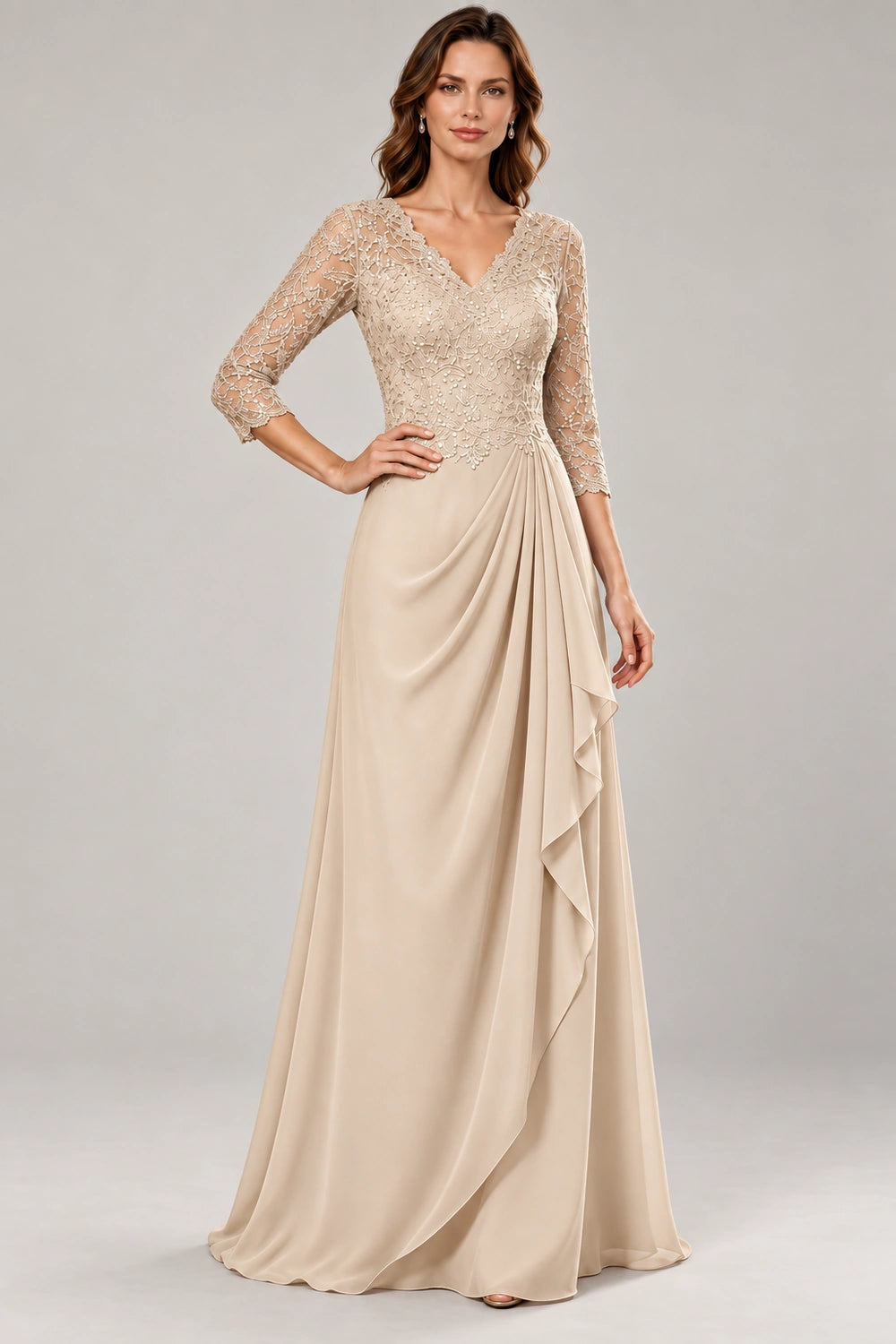 Lace Three-Quarter Sleeve Draped Cascade Chiffon Floor-Length Dress