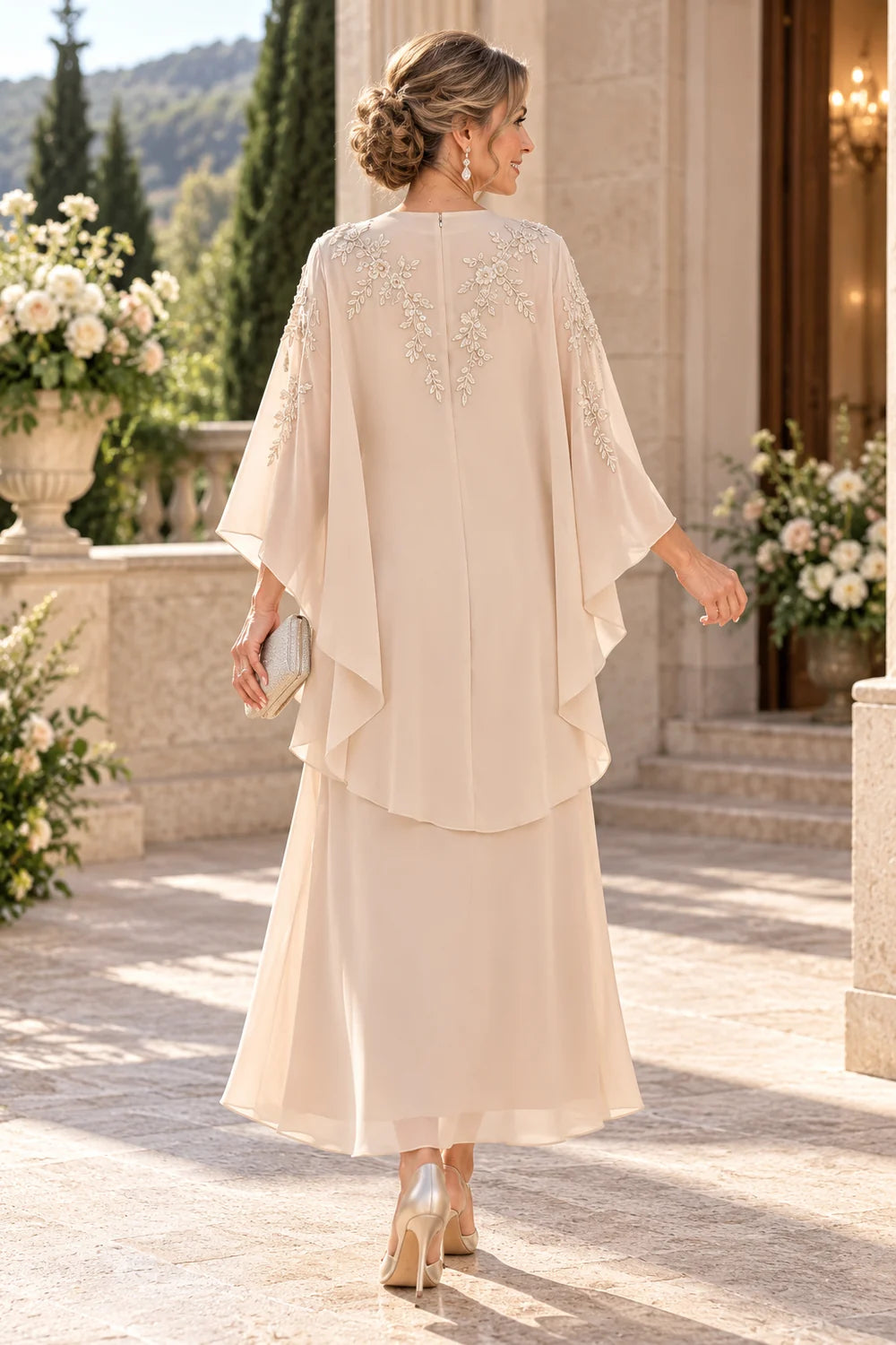 Champagne Embellished Tiered Overlay Mother of the Bride Dress
