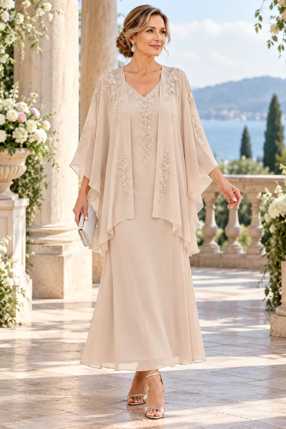 Champagne Embellished Tiered Overlay Mother of the Bride Dress