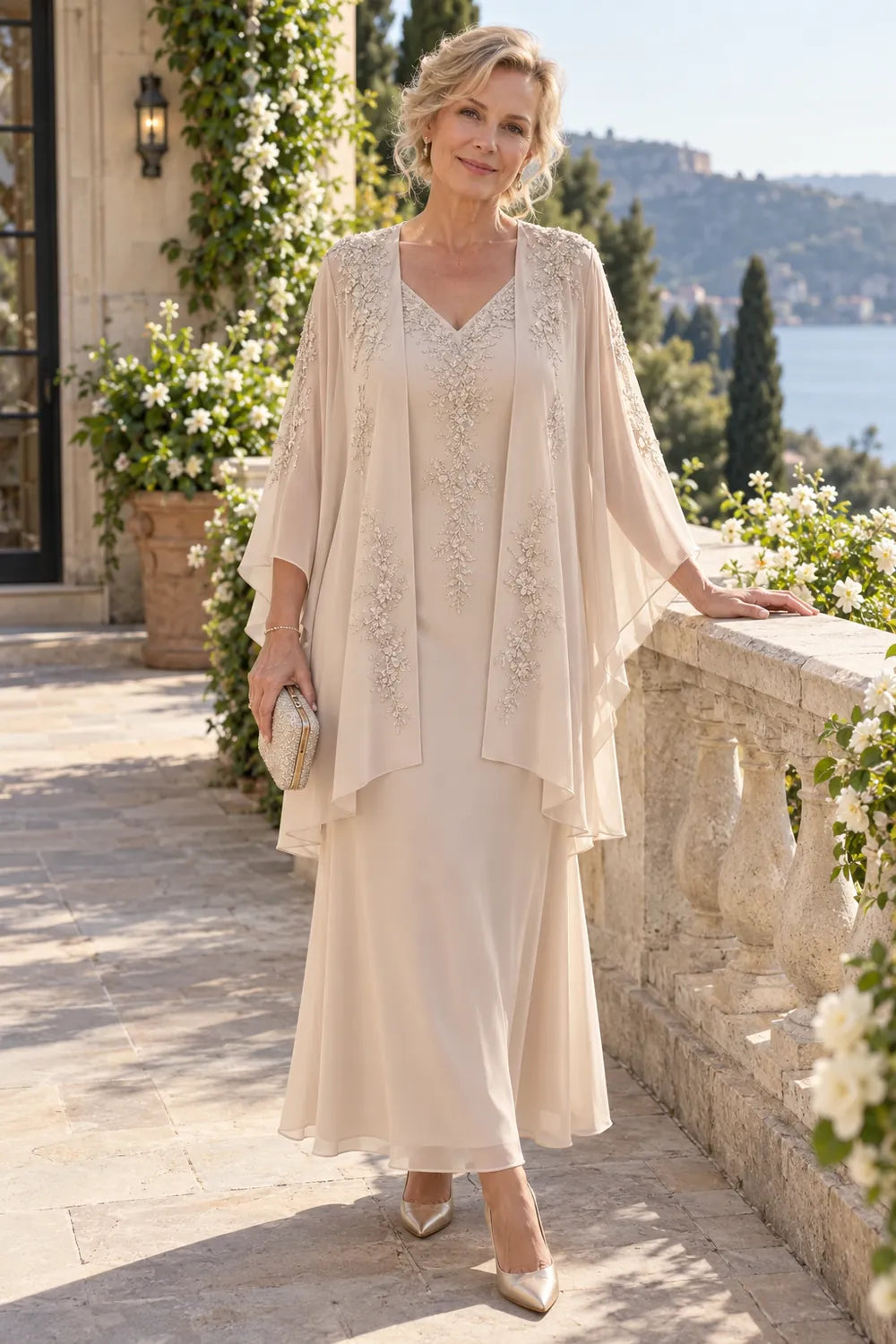 Champagne Embellished Tiered Overlay Mother of the Bride Dress
