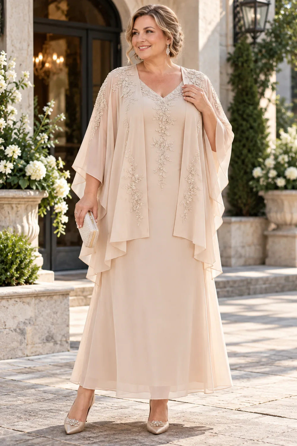 Champagne Embellished Tiered Overlay Mother of the Bride Dress