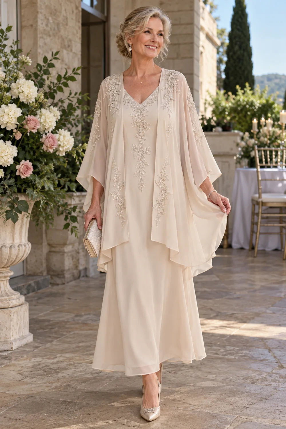 Champagne Embellished Tiered Overlay Mother of the Bride Dress