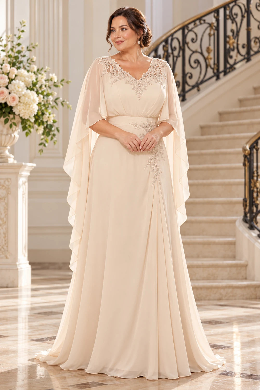 Champagne Lace V-Neck Cape Mother of the Bride Dress