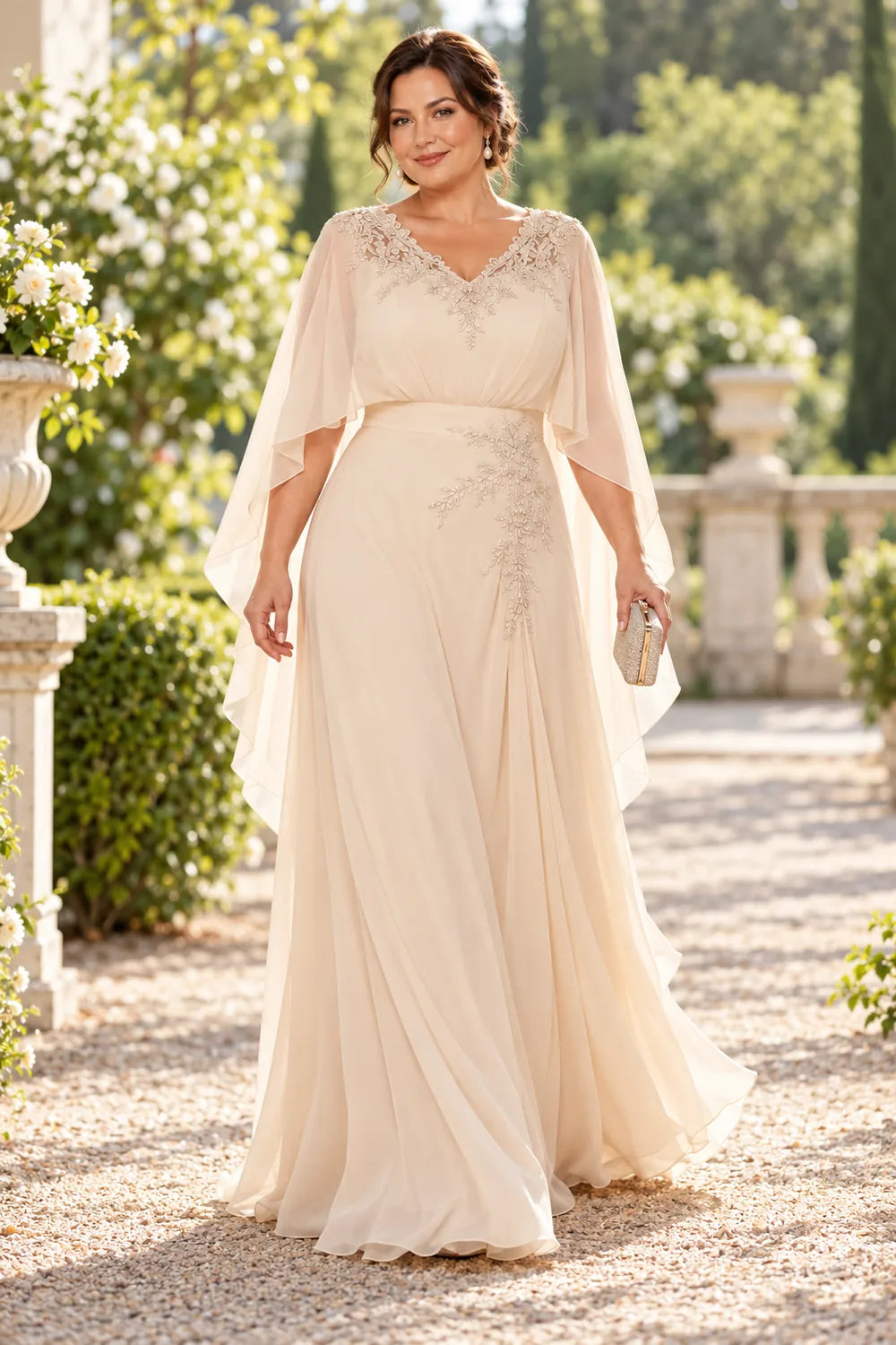 Champagne Lace V-Neck Cape Mother of the Bride Dress