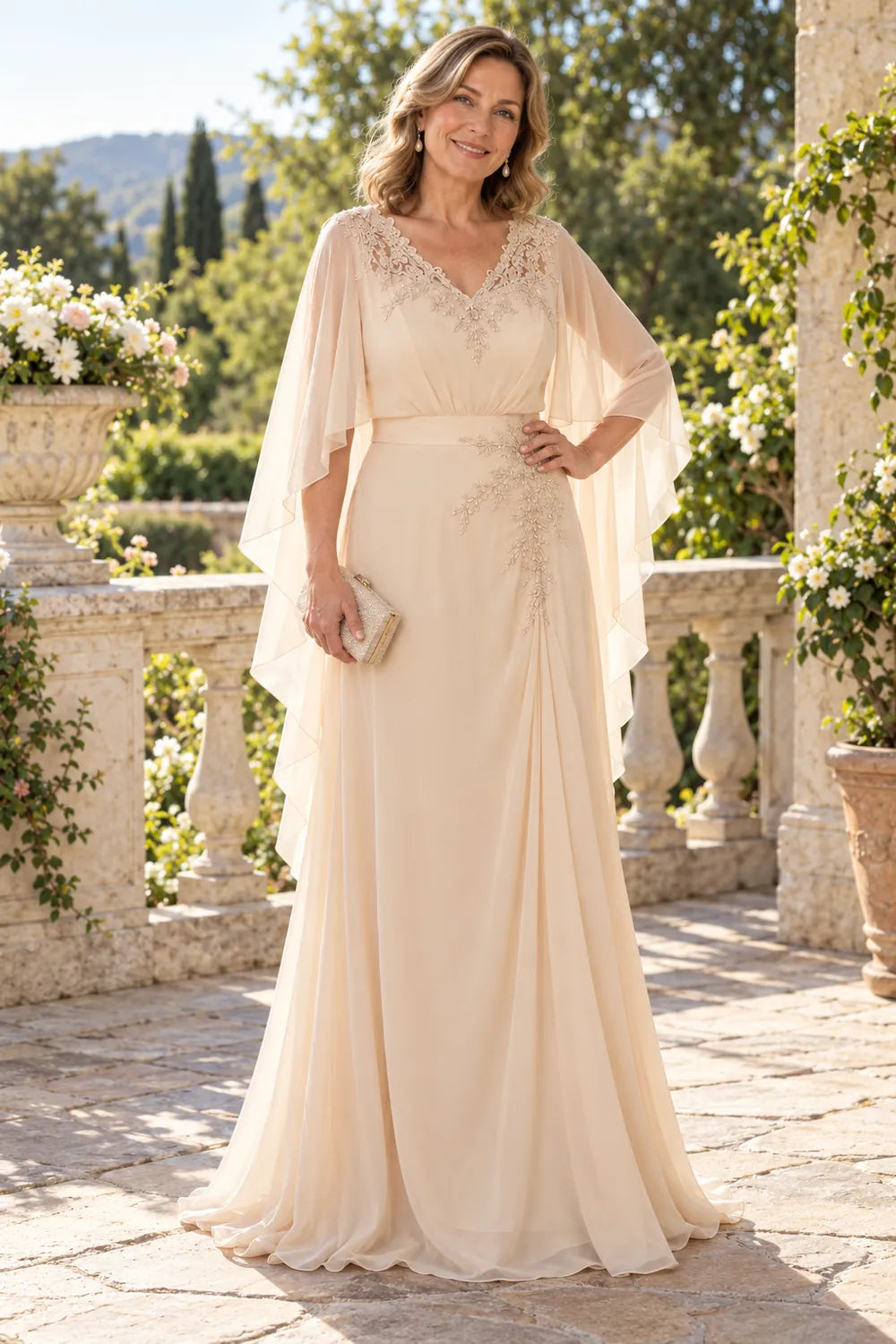 Champagne Lace V-Neck Cape Mother of the Bride Dress