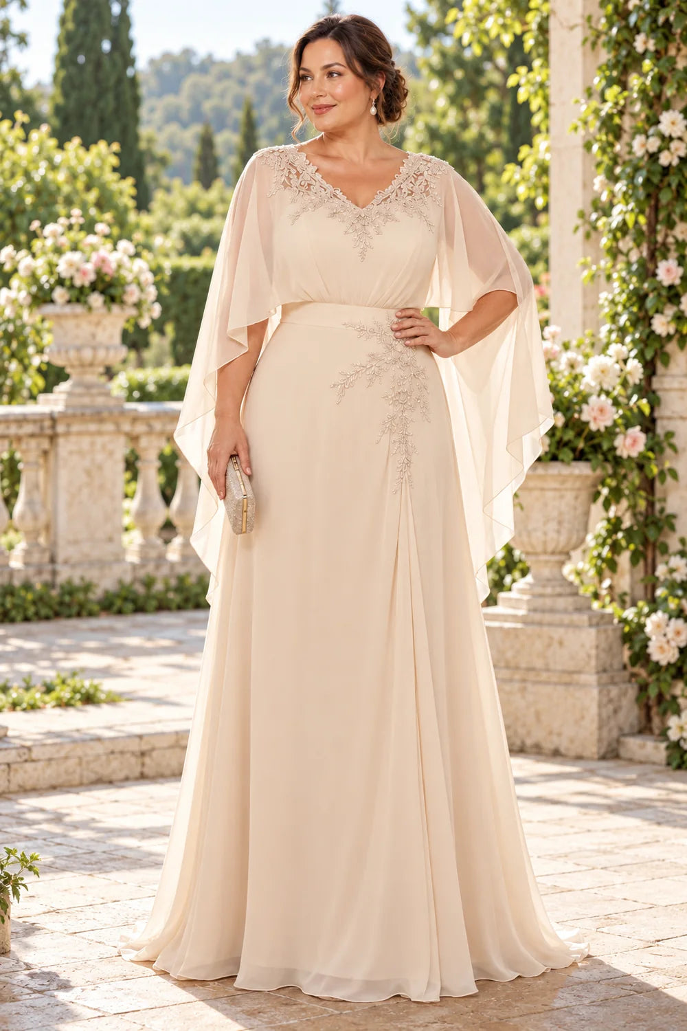 Champagne Lace V-Neck Cape Mother of the Bride Dress