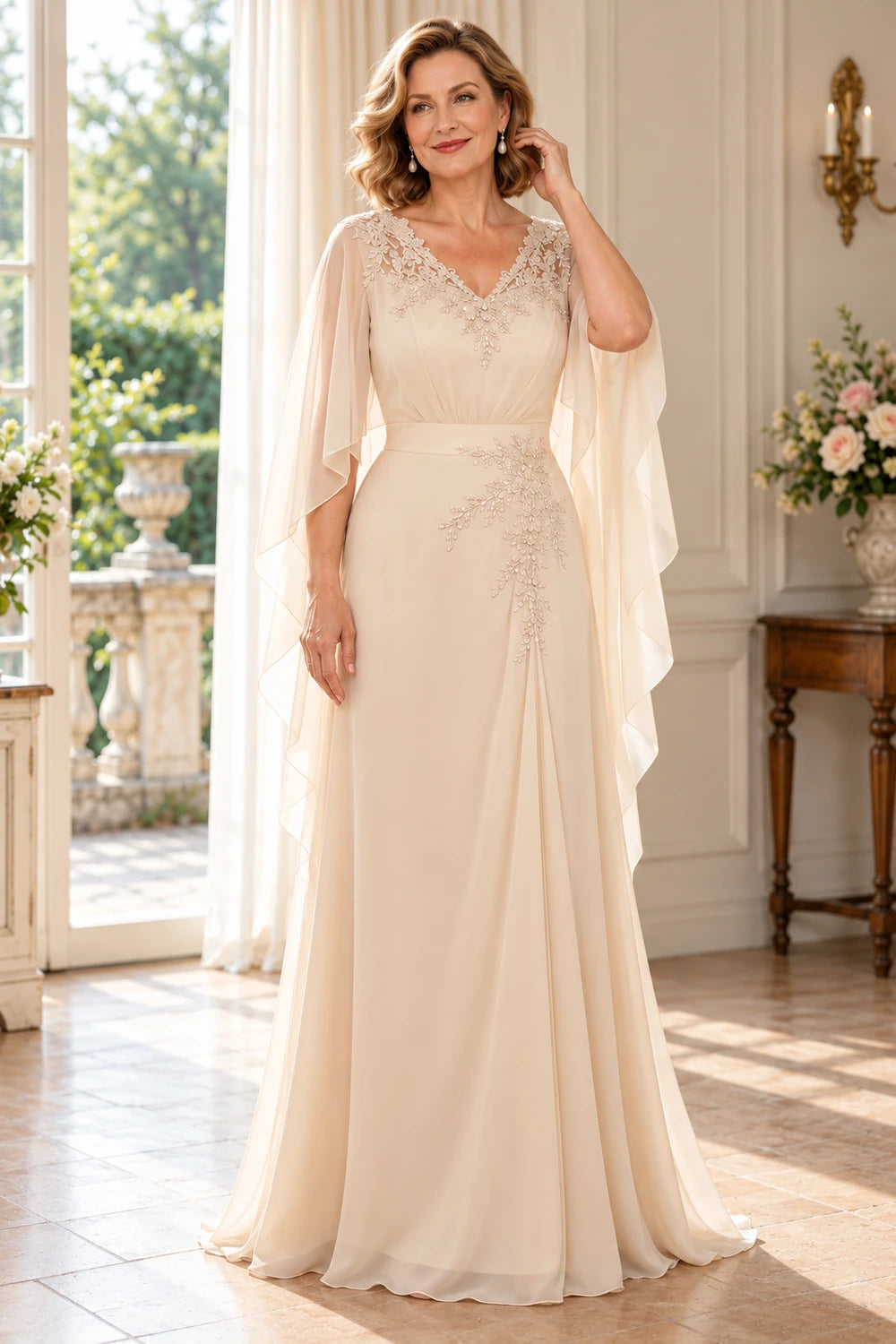 Champagne Lace V-Neck Cape Mother of the Bride Dress