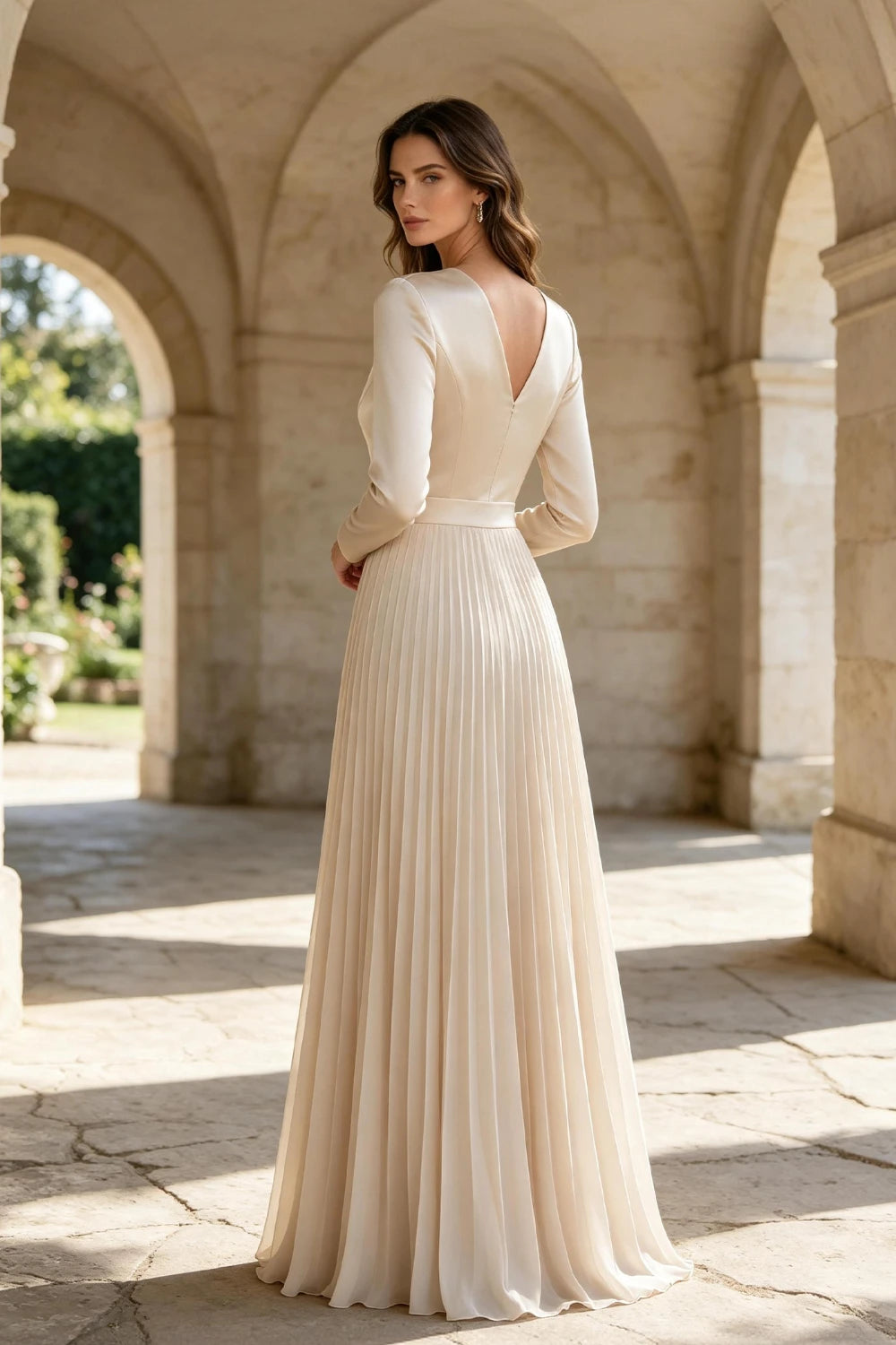 Champagne Satin Long Sleeve Knife-Pleated Chiffon Floor-Length Dress