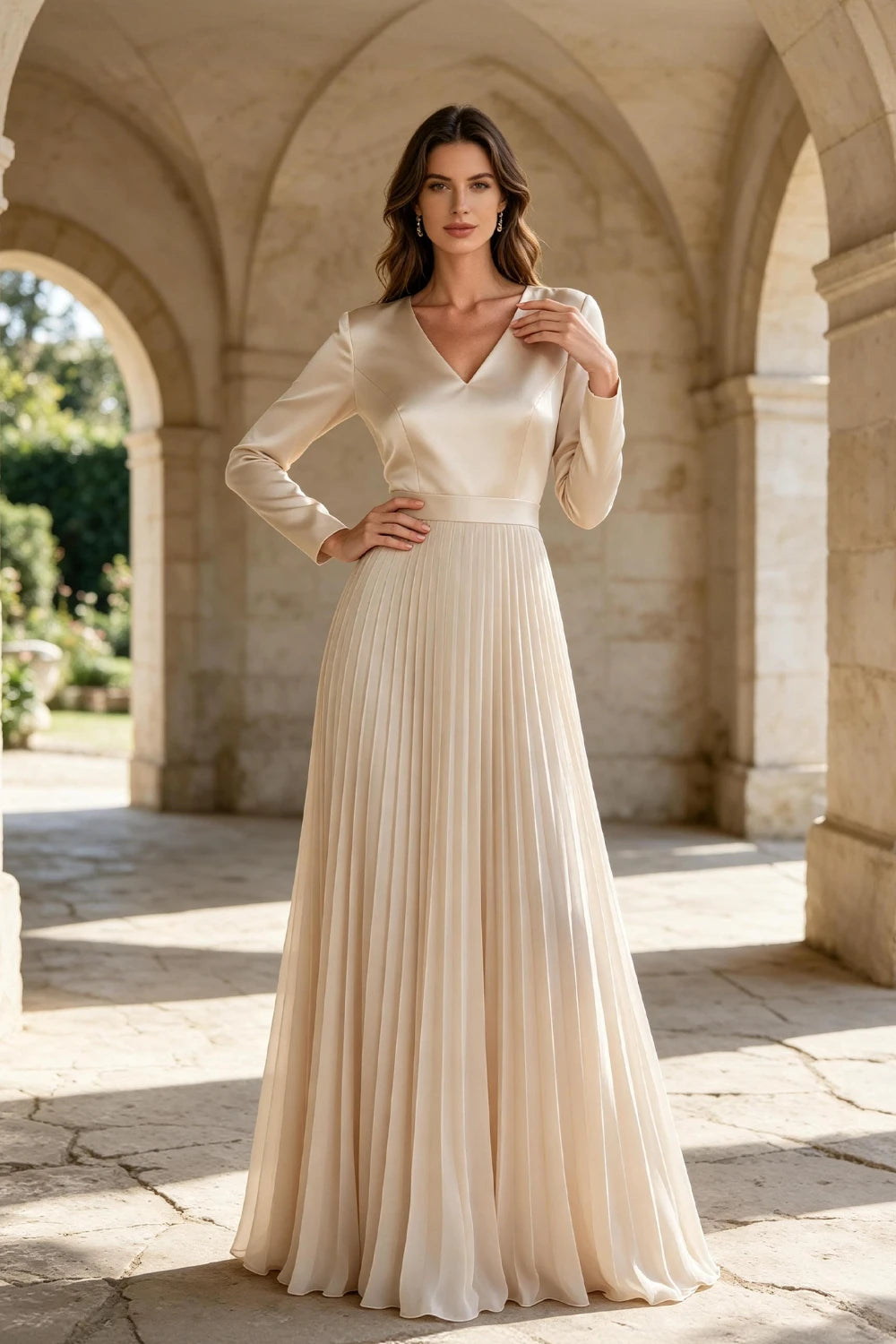 Champagne Satin Long Sleeve Knife-Pleated Chiffon Floor-Length Dress