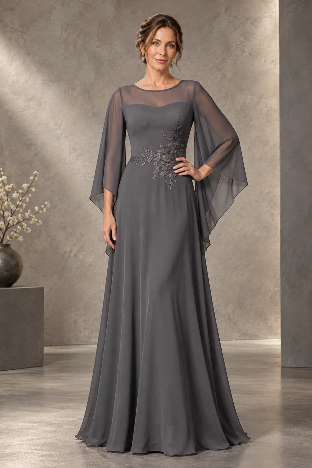 Beaded Waist Sheer Yoke Long Sleeve Chiffon Mother of the Bride Dress