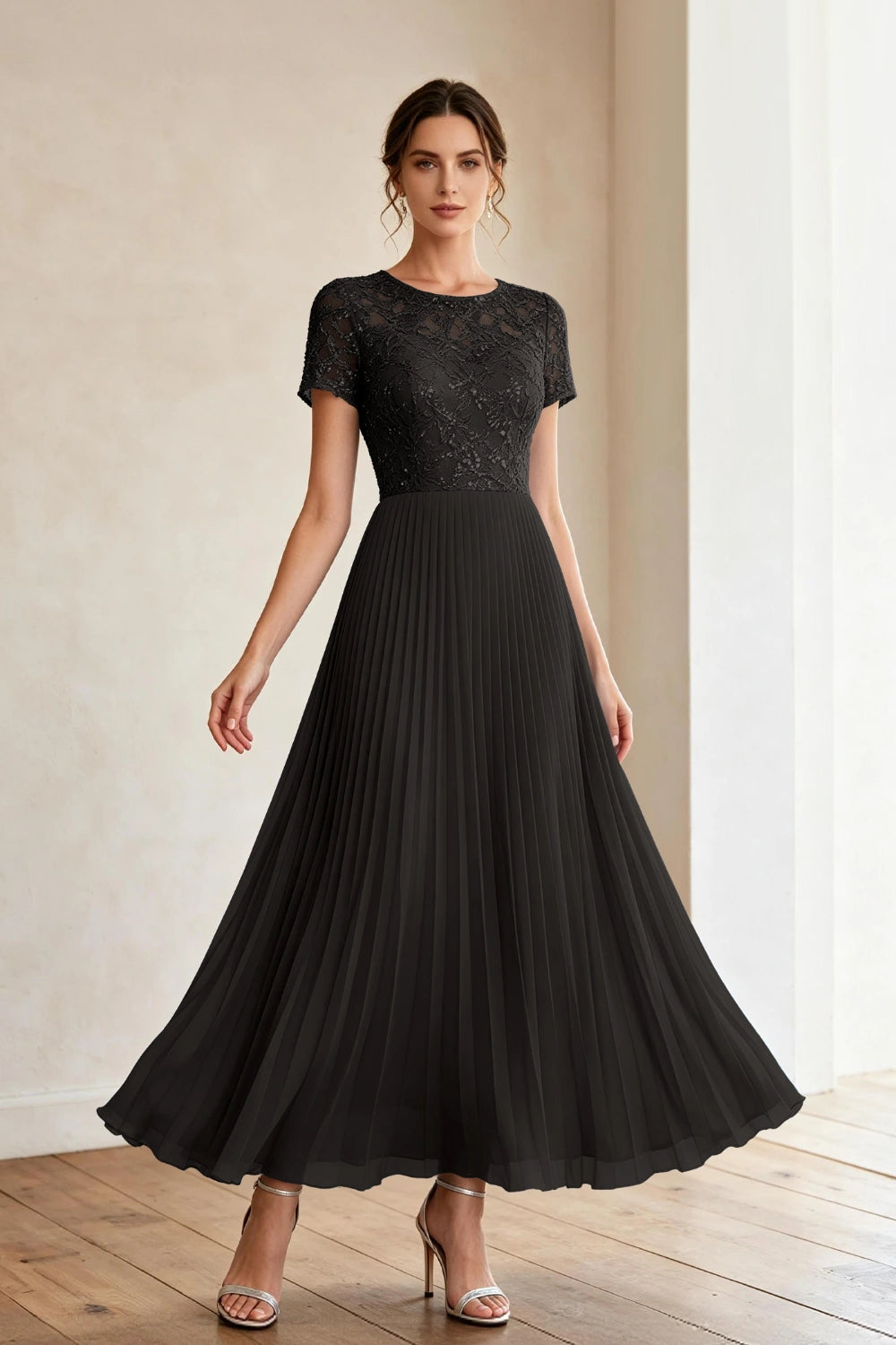 Dusty Blue Lace Short Sleeve Pleated Chiffon Tea-Length Dress
