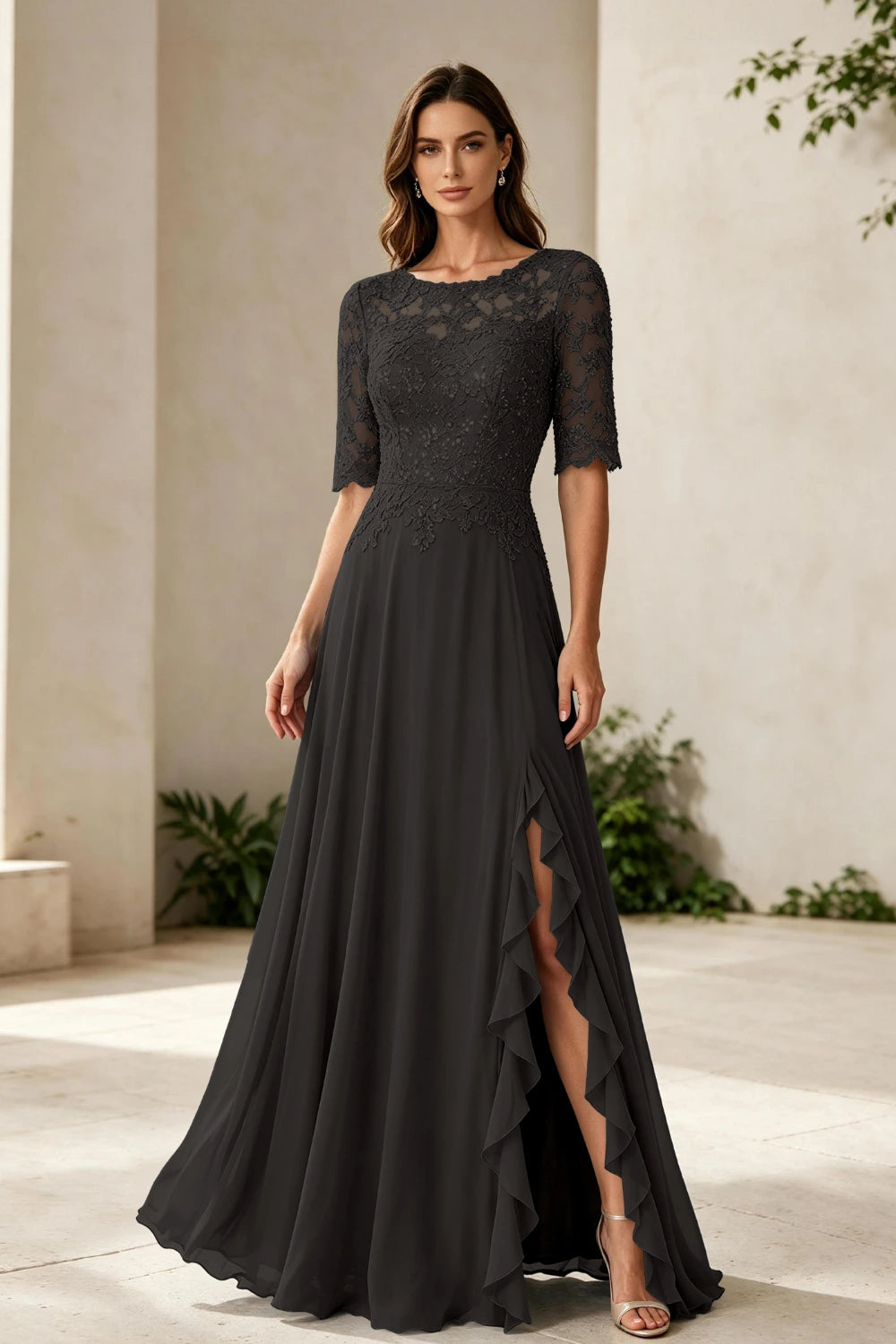 Dusty Blue Lace Bodice Three-Quarter Sleeve Ruffle Slit Chiffon Floor-Length Dress