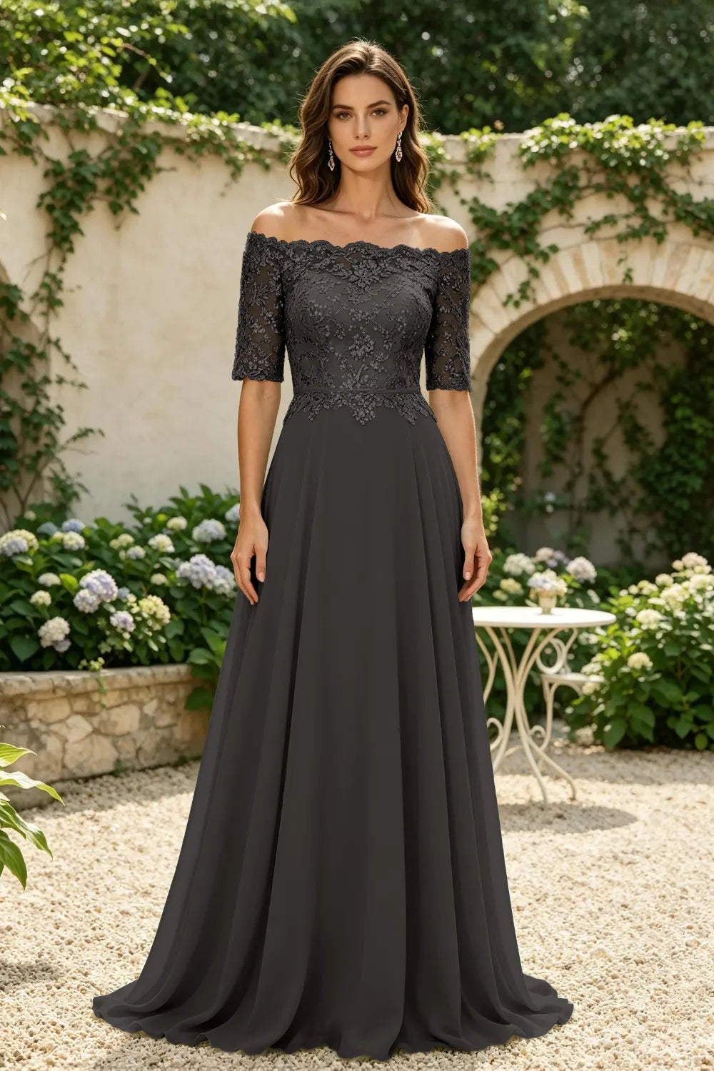 Sage Green Off-Shoulder Lace Bodice A-Line Chiffon Floor-Length Dress