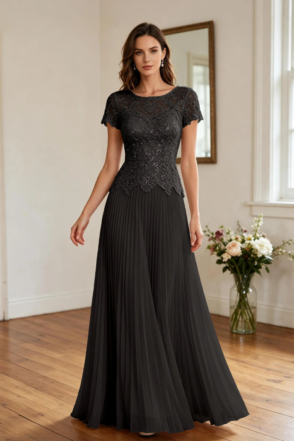 Champagne Lace Short Sleeve Pleated Chiffon Floor-Length Dress