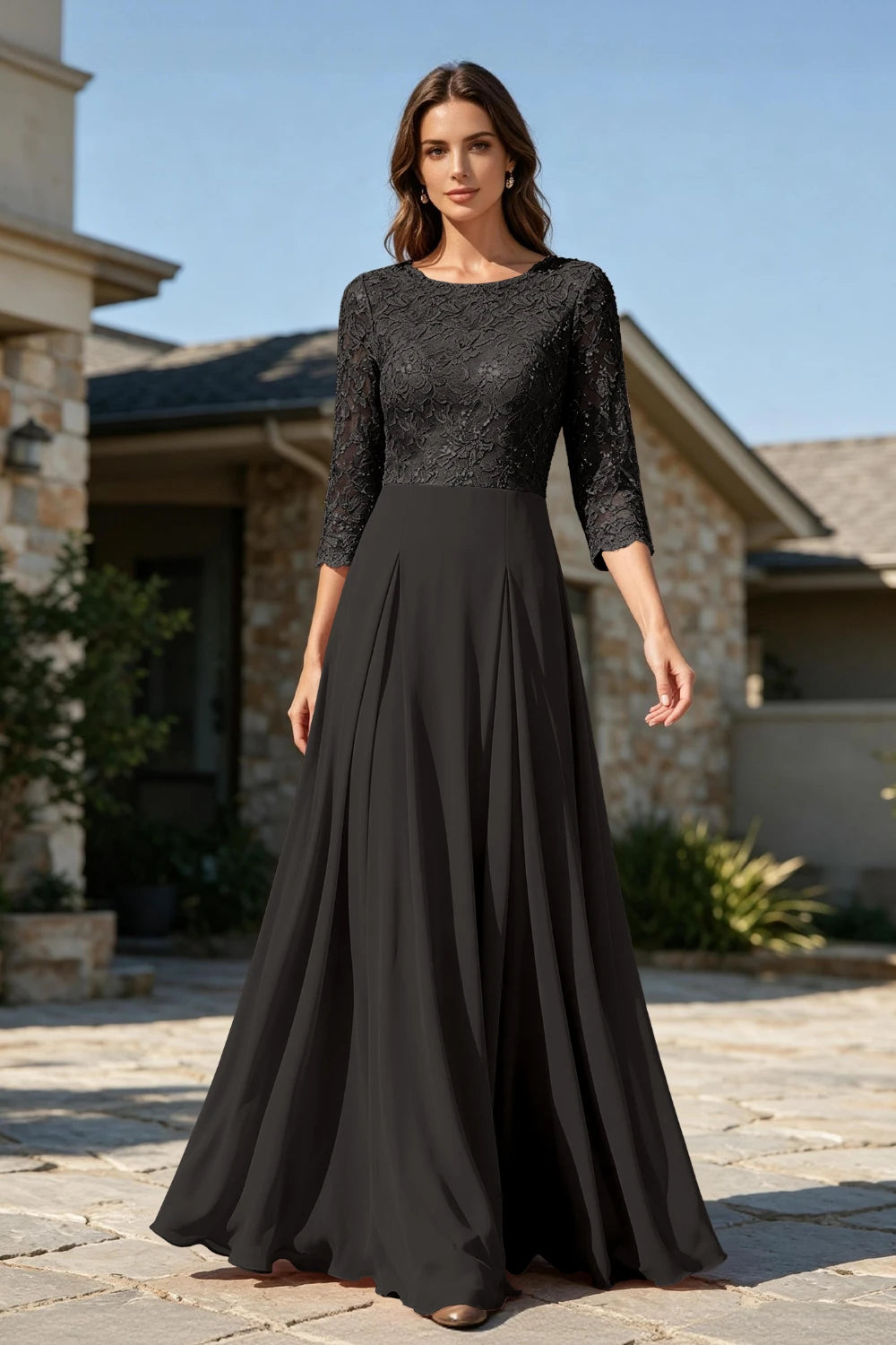 Dusty Rose Lace Three-Quarter Sleeve Pleated Chiffon Floor-Length Dress