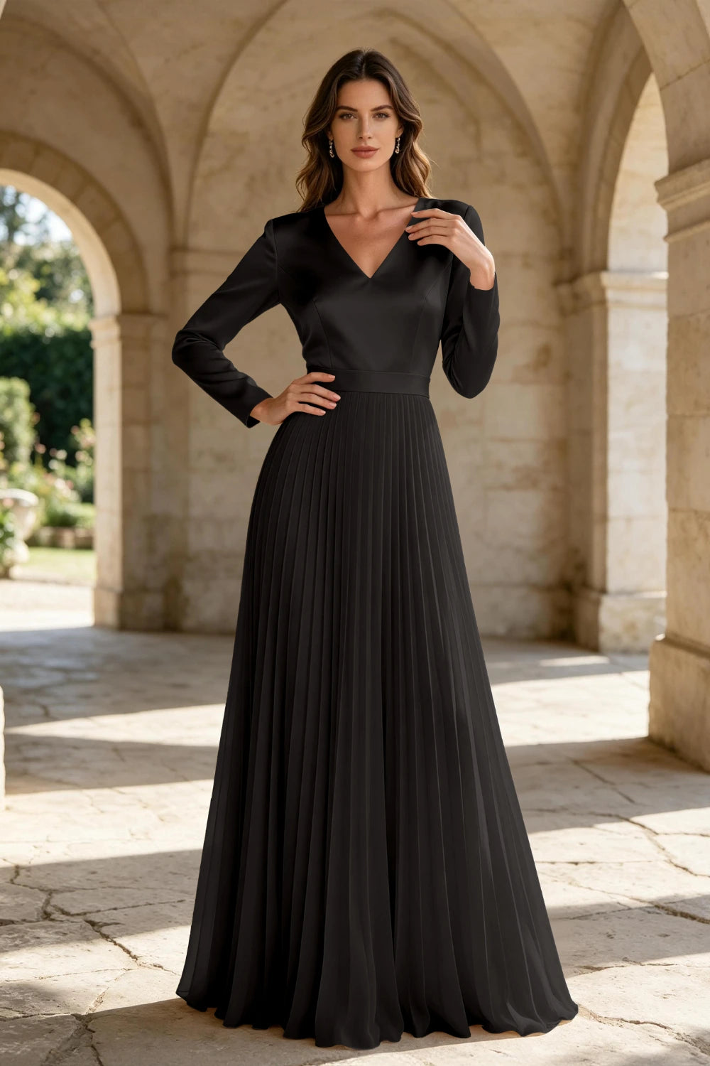 Champagne Satin Long Sleeve Knife-Pleated Chiffon Floor-Length Dress