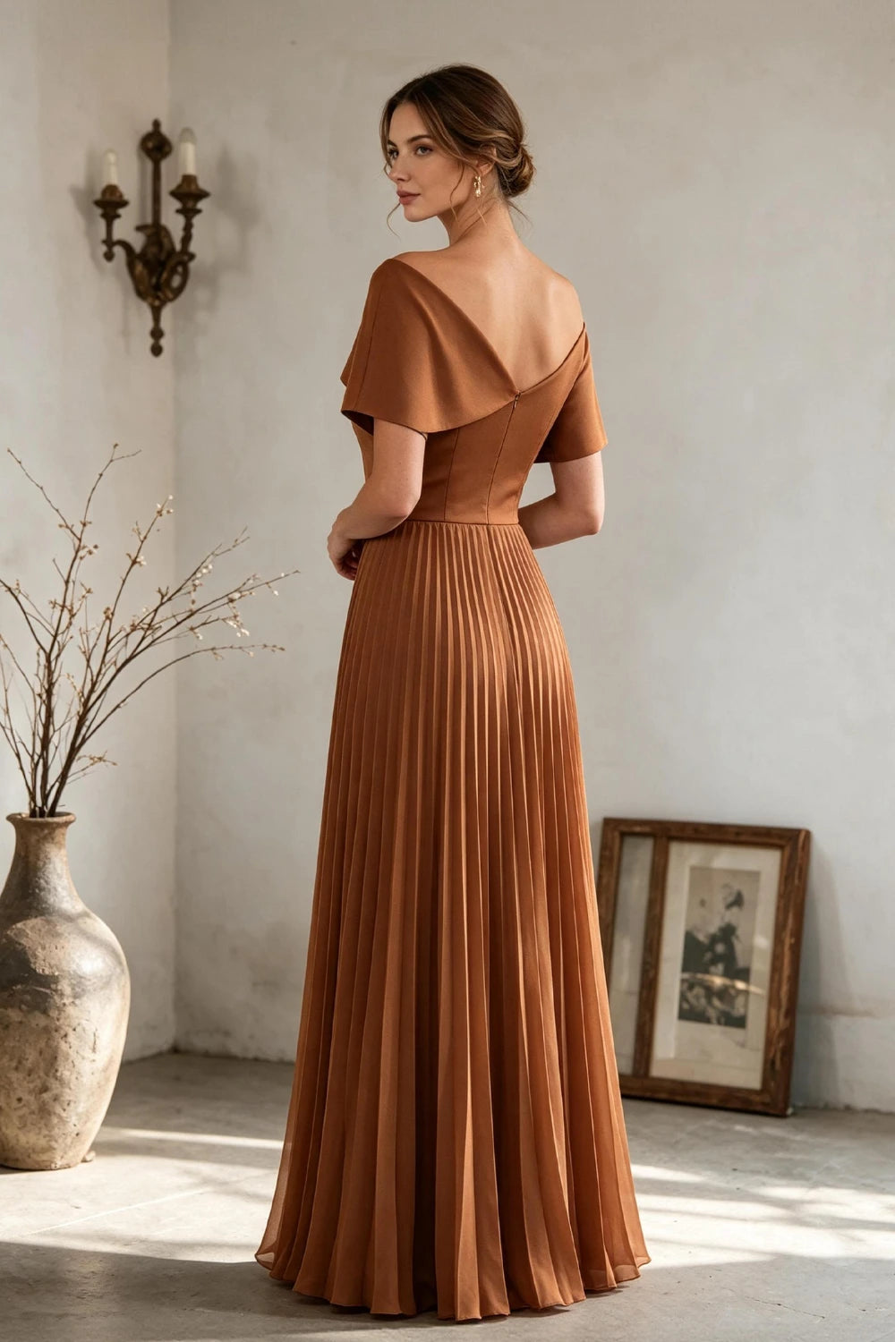Copper Brown Off-Shoulder Draped Pleated Chiffon Floor-Length Dress
