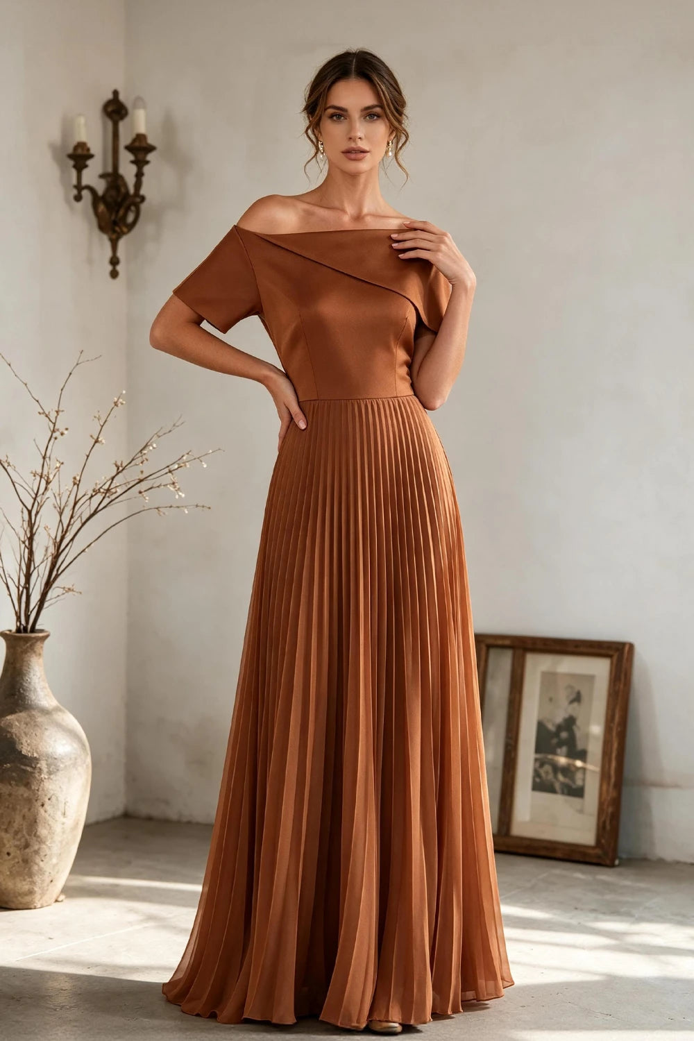Copper Brown Off-Shoulder Draped Pleated Chiffon Floor-Length Dress