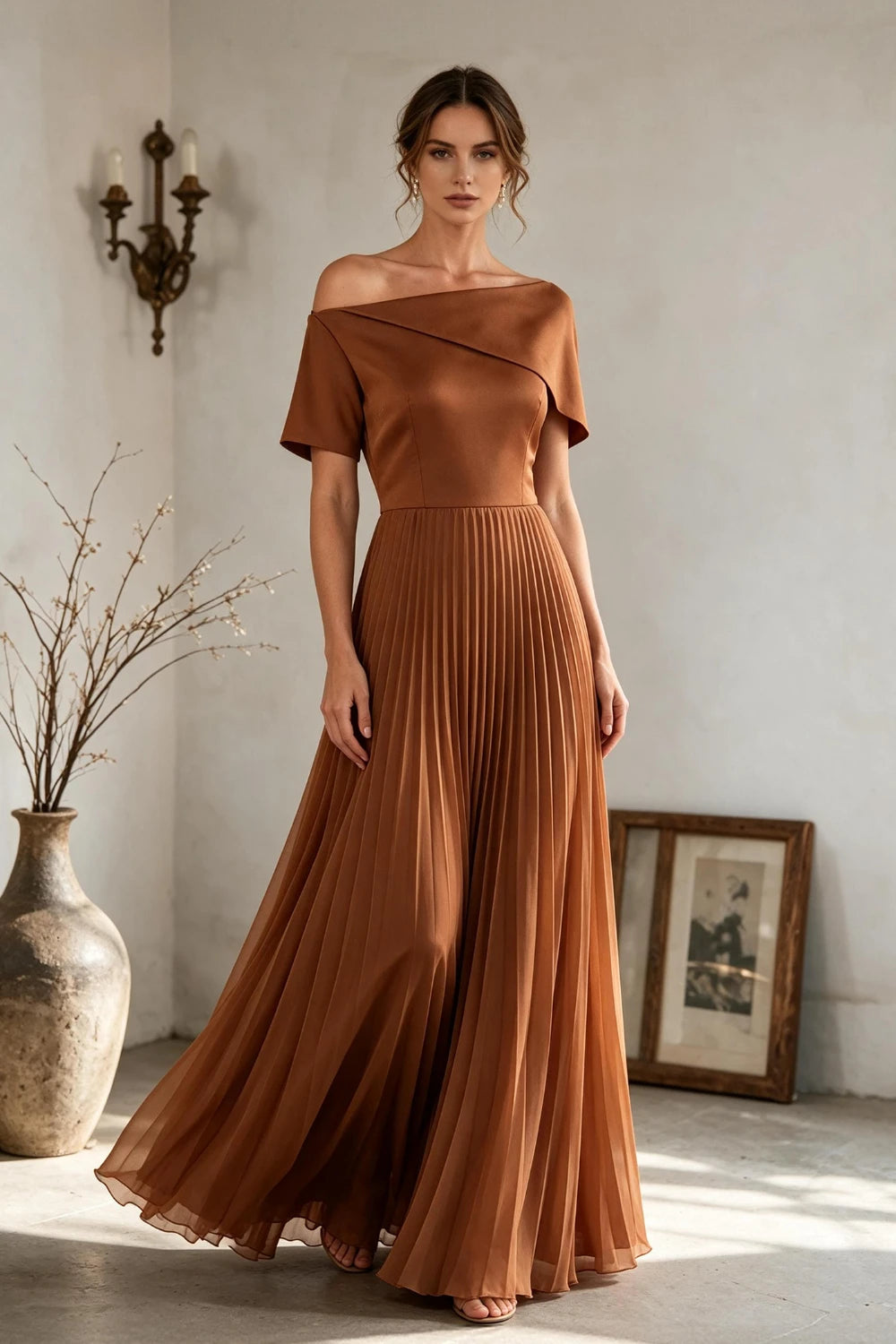 Copper Brown Off-Shoulder Draped Pleated Chiffon Floor-Length Dress