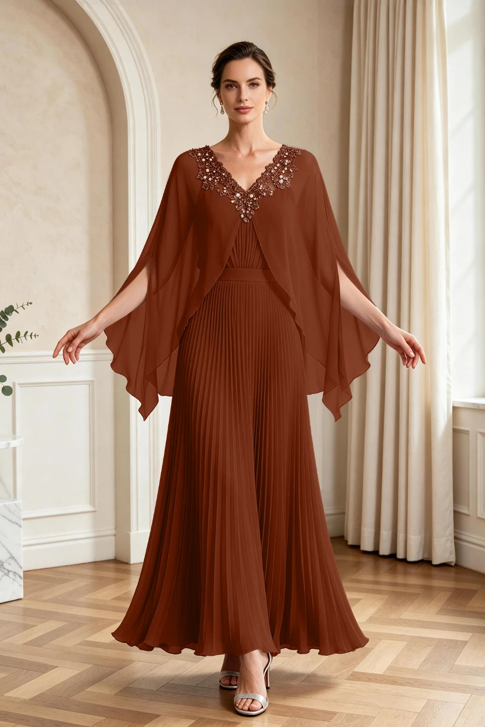 Lavender Pleated Cape Sleeve Chiffon Mother of the Bride Dress