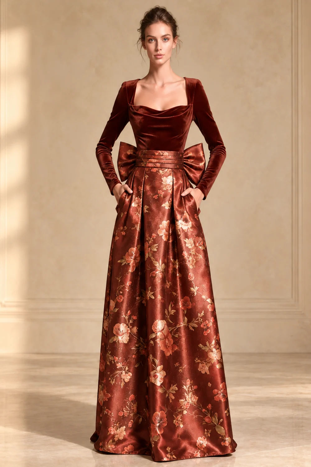 Front view of a copper dress with a dark bodice and full floral skirt.