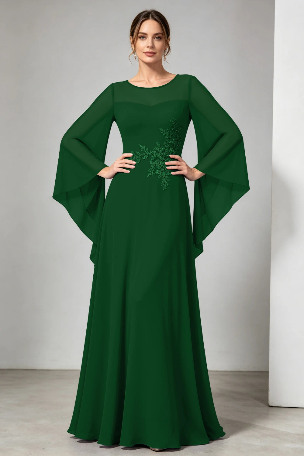 Purple Beaded Waist Sheer Yoke Long Sleeve Chiffon Mother of the Bride Dress