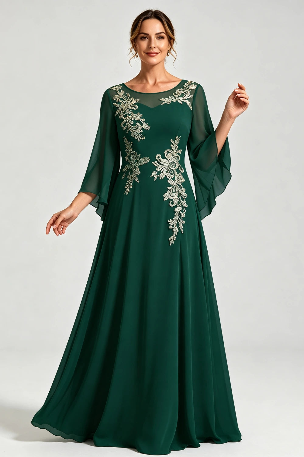 Dusty Blue Lace Applique Sheer Yoke Long Sleeve Chiffon Mother of the Bride Dress