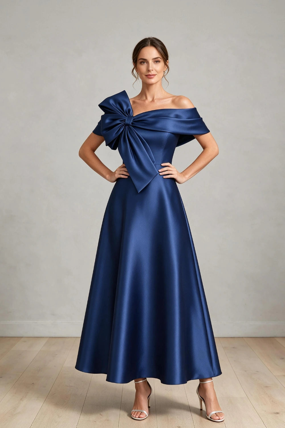 Oversized Bow Off-Shoulder Satin Midi Mother of the Bride Dress